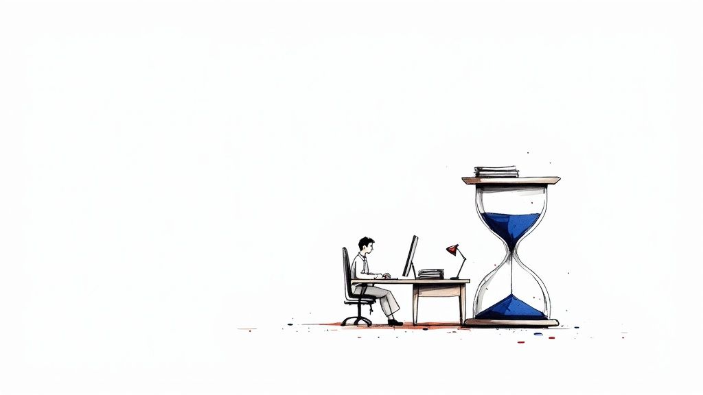 Illustration of a person working at a desk next to a large hourglass, symbolizing time management.