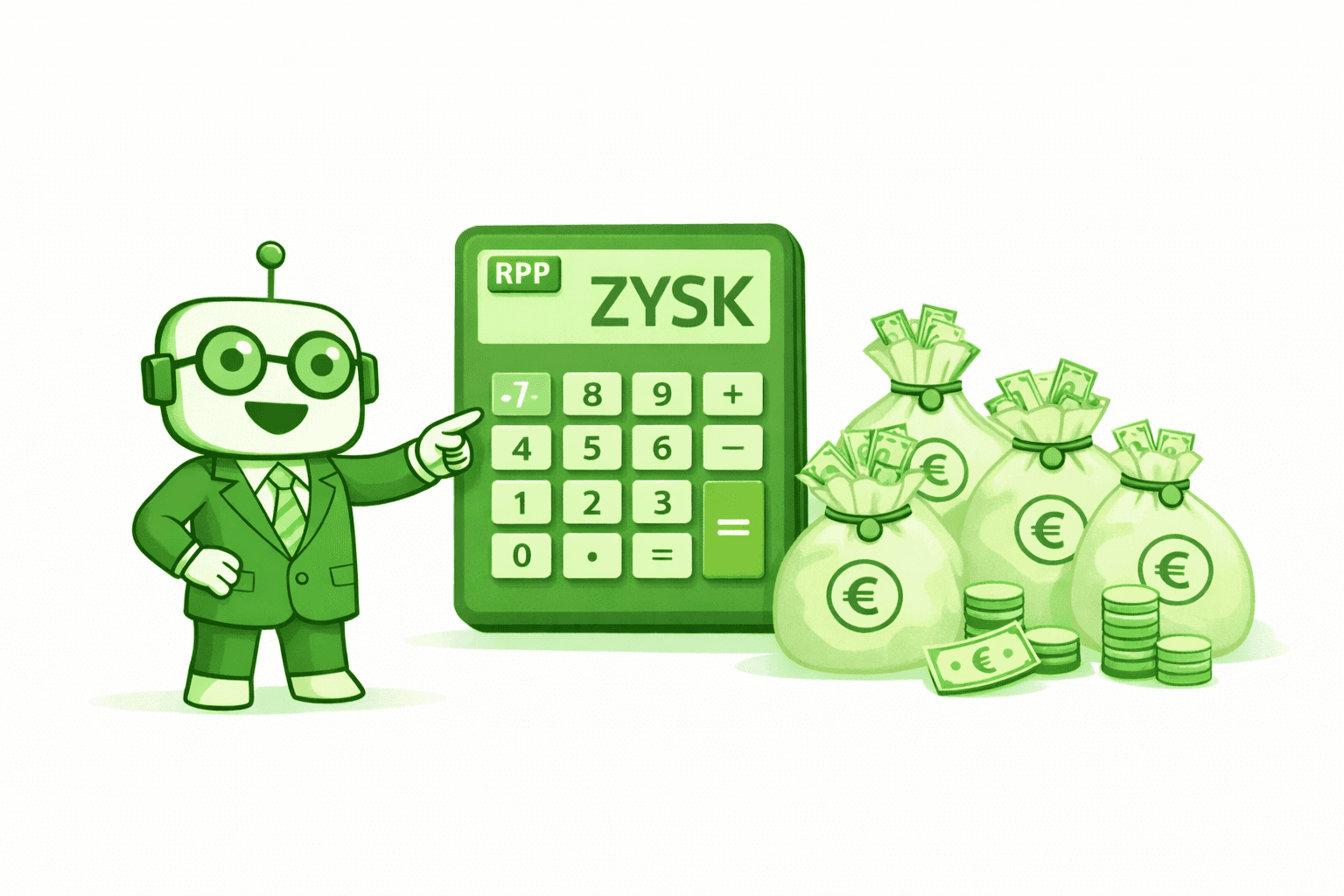 Robot przy kalkulatorze i workach pieniędzy – zysk