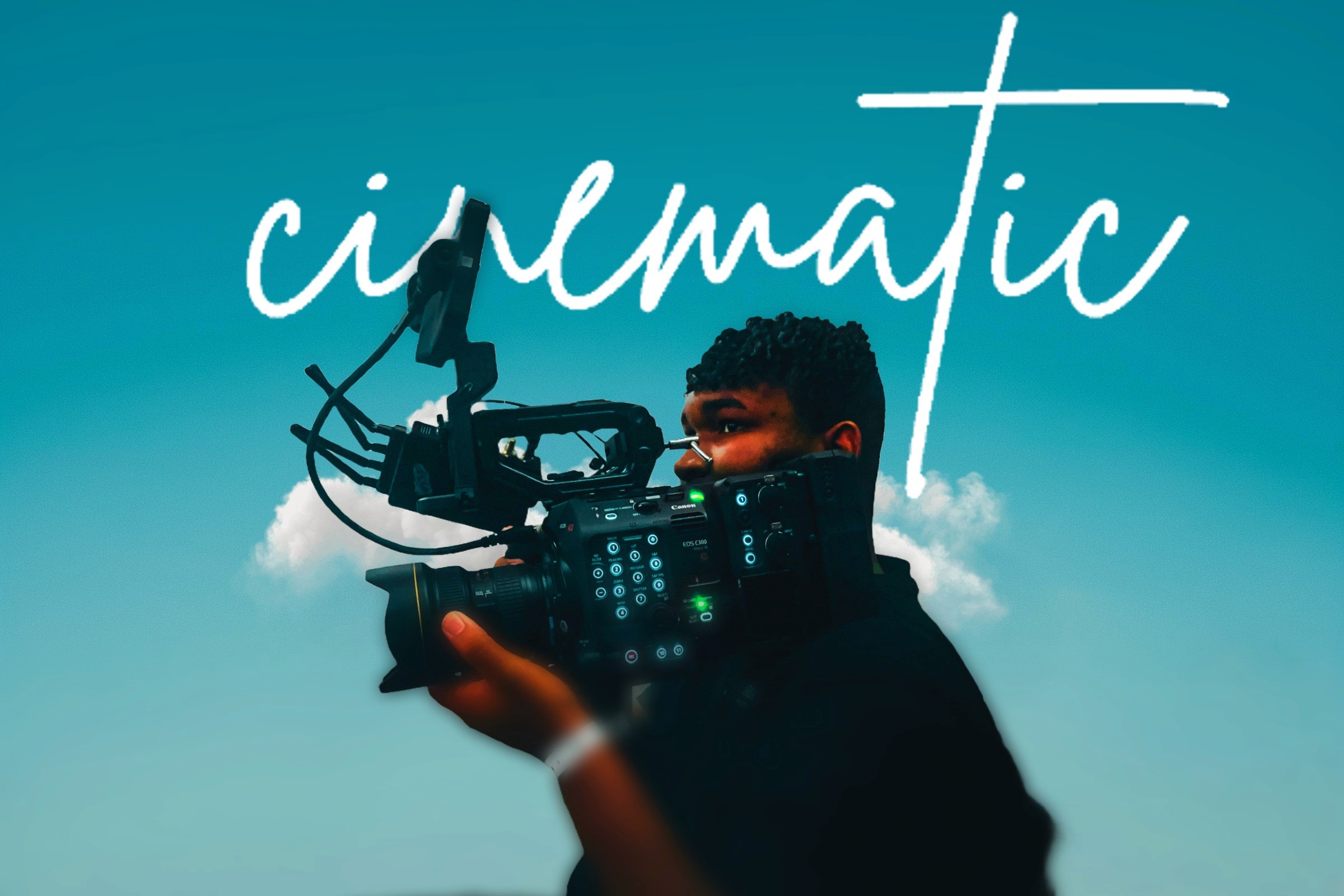 Young man with curly hair and headphones wearing a white jacket, flanked by prismatic ghosting effects and yellow flowers.