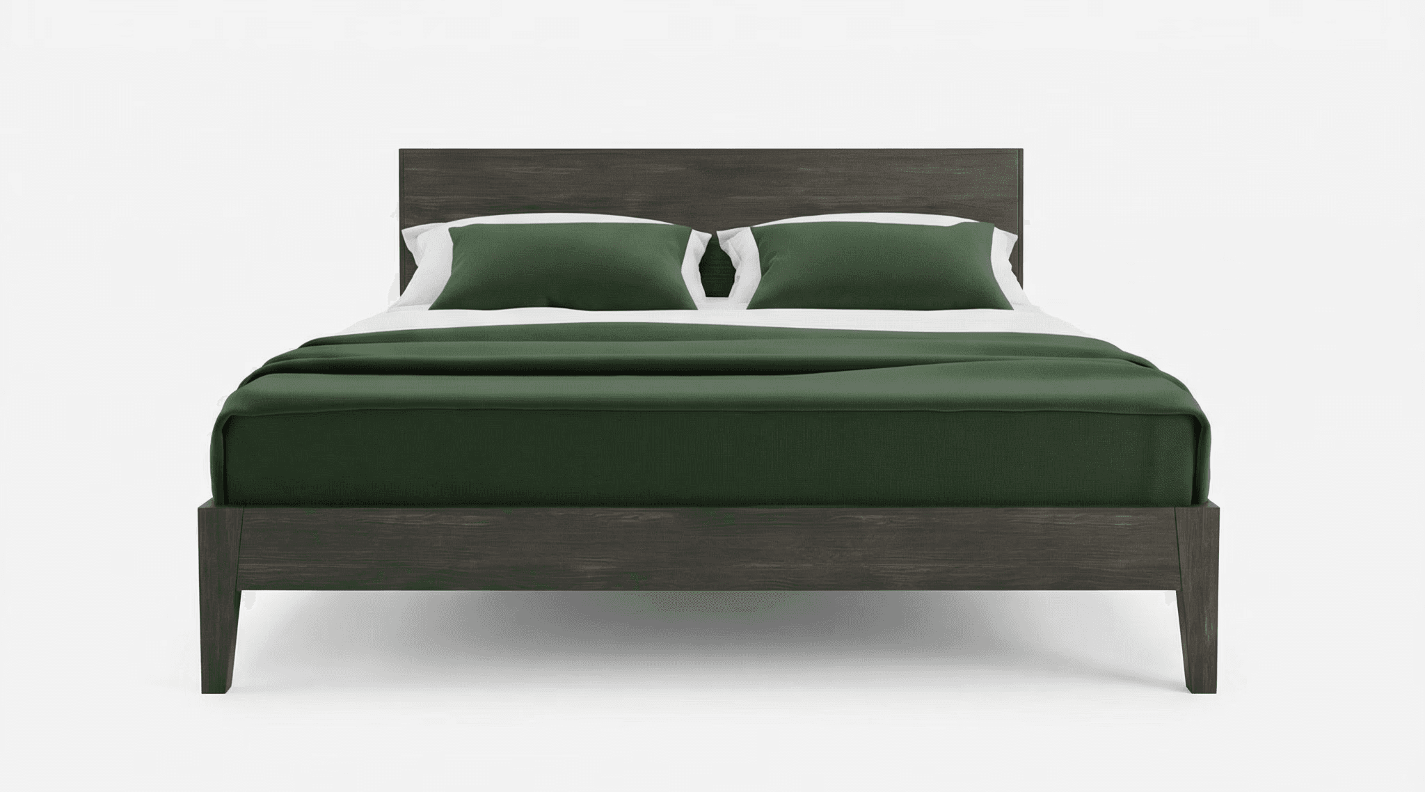 Minimal bed with slim upholstered headboard and recessed support frame