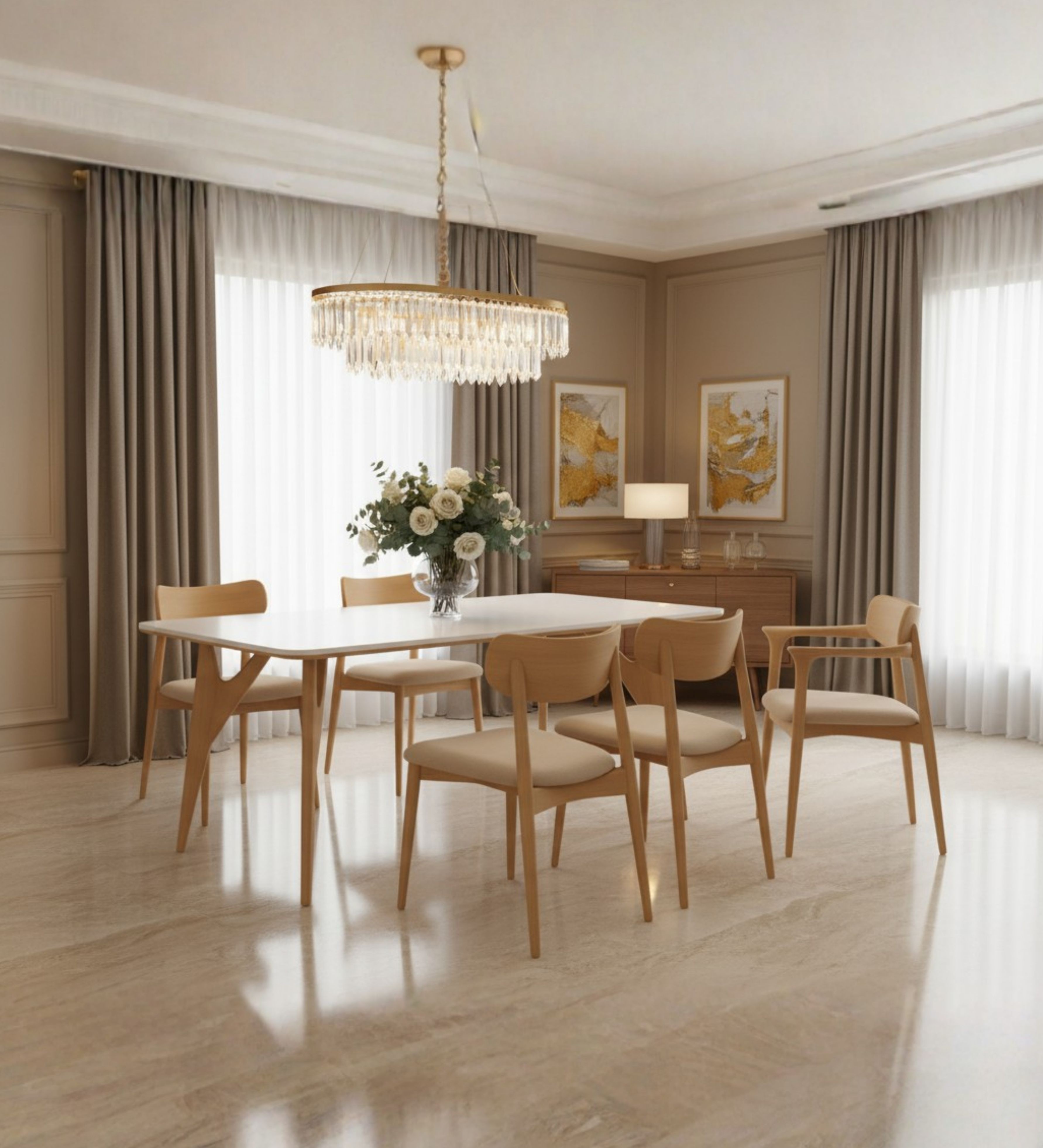 Rectangular dining table with smooth wood finish and fully upholstered dining chairs
