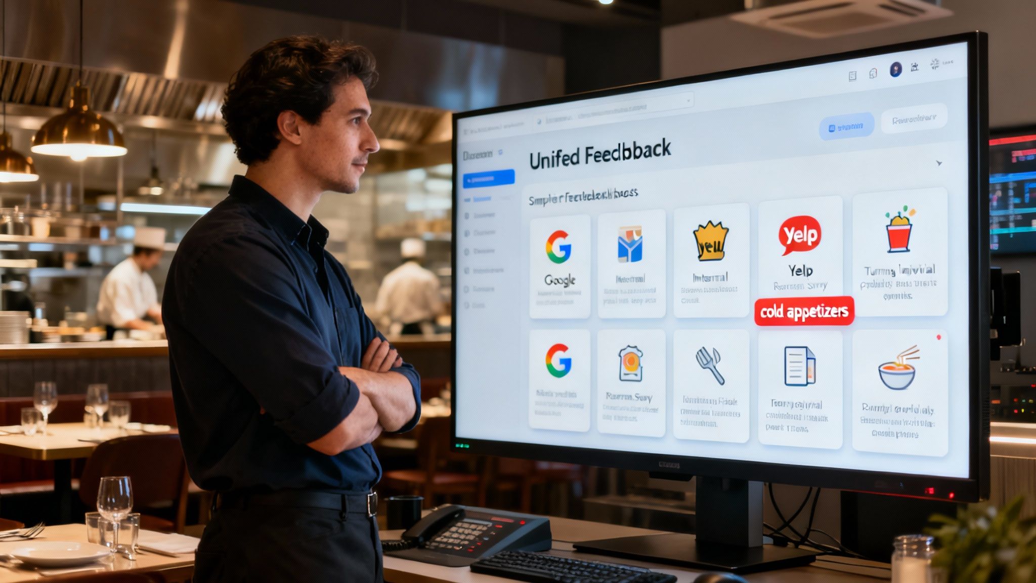 A man in a restaurant looks at a large screen displaying a 'Unified Feedback' dashboard.
