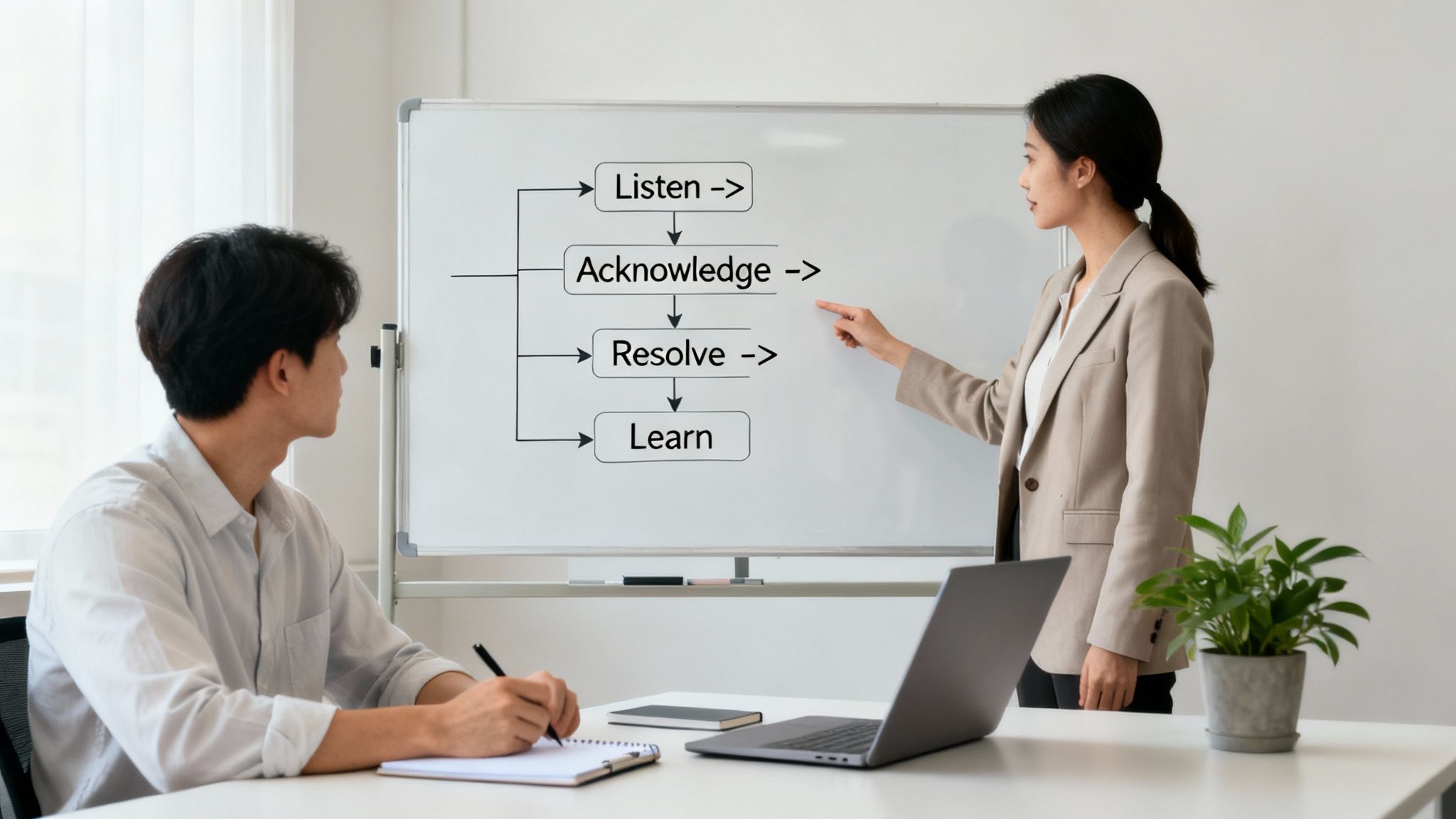 An Asian woman presents a problem-solving flowchart on a whiteboard to a man taking notes.
