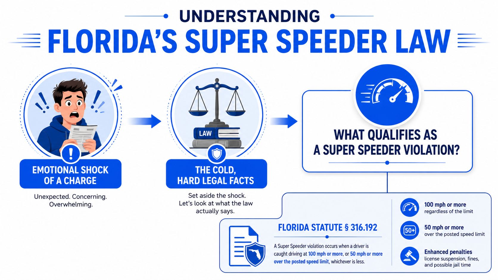 An infographic explaining Florida's super speeder laws, including legal definitions for excessive speeding violations and penalties.
