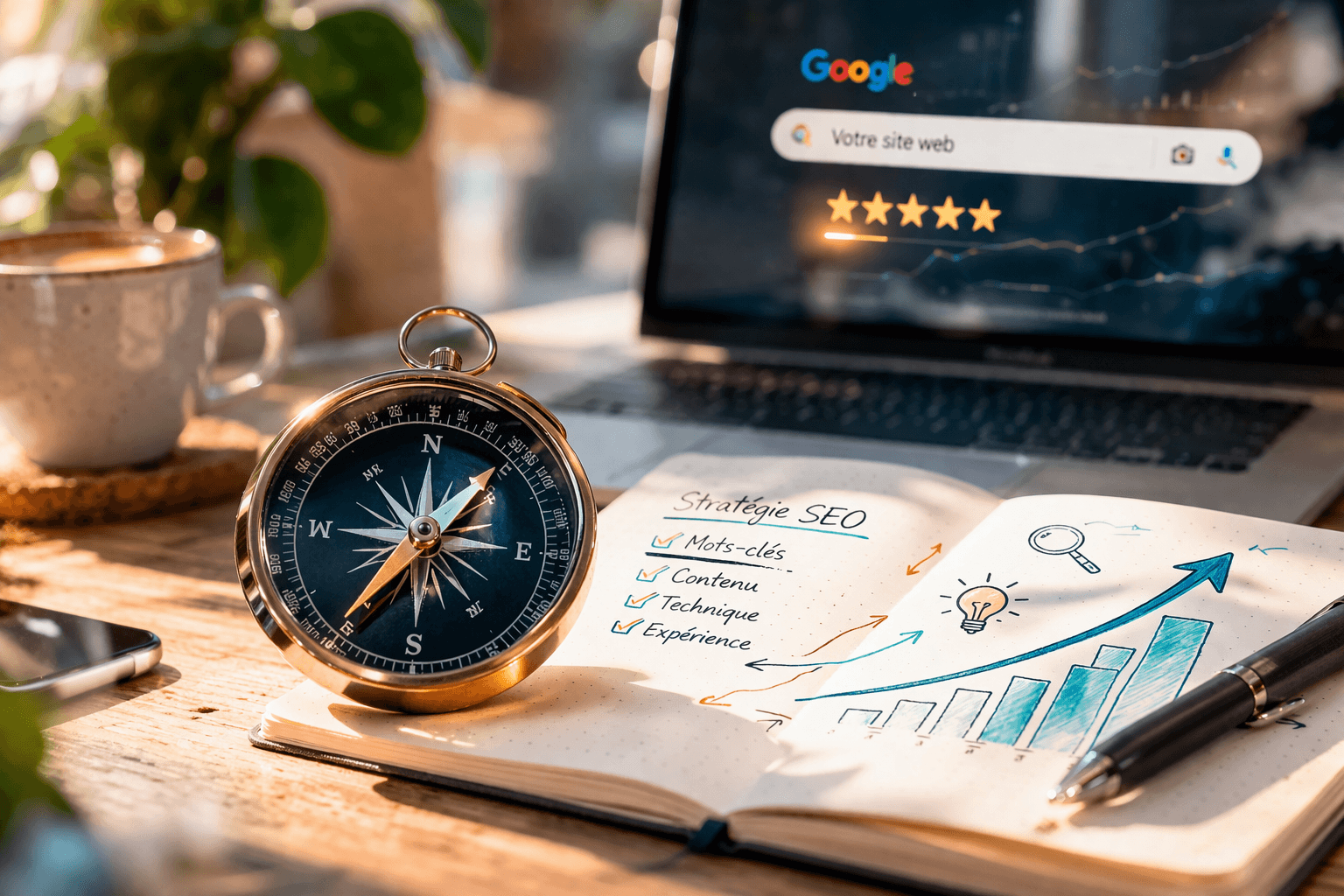 Guide visuel sur les fondamentaux du SEO montrant une boussole et des graphiques de progression pour le référencement Google.