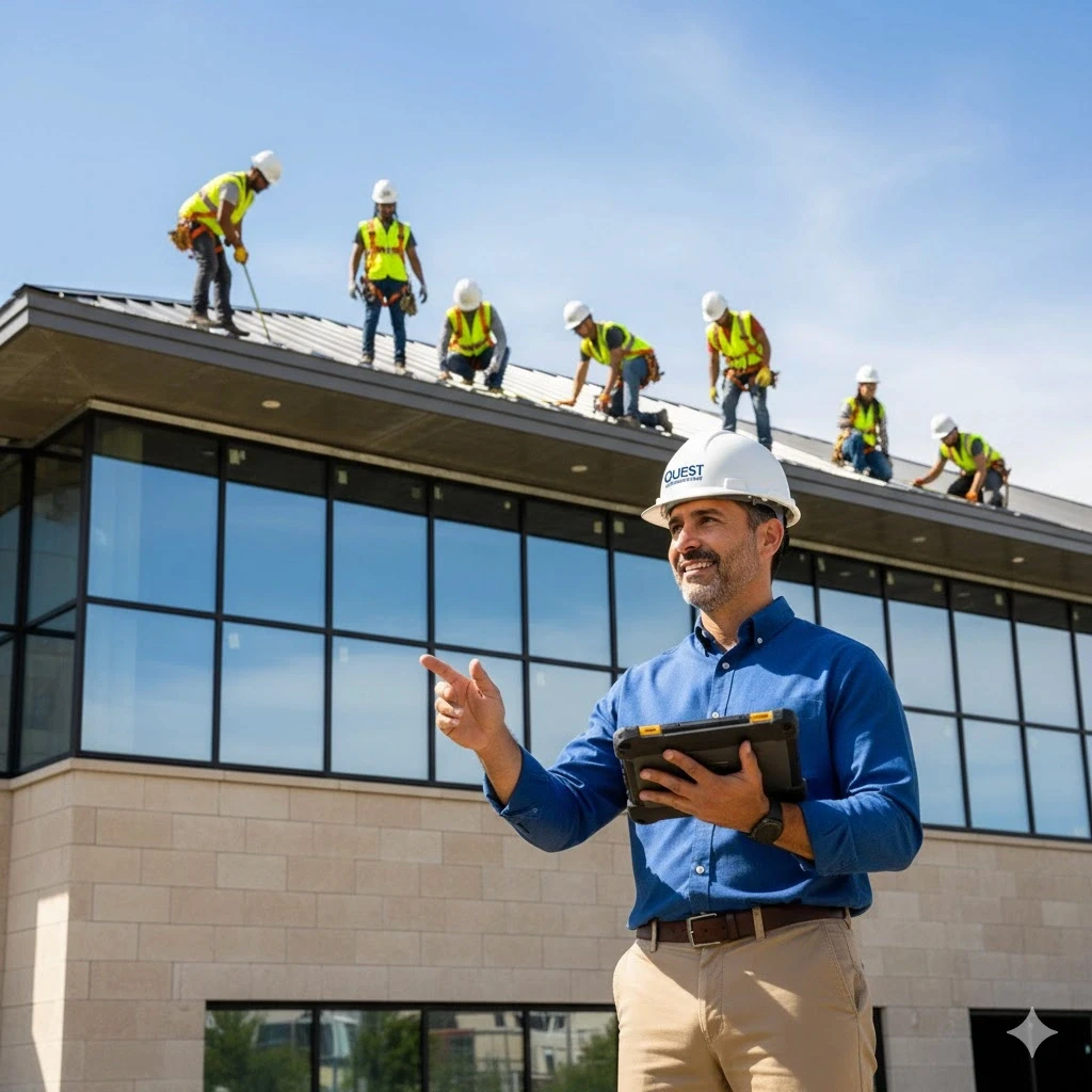 professional project manager overseeing a roofing project from the ground, with a tablet in hand