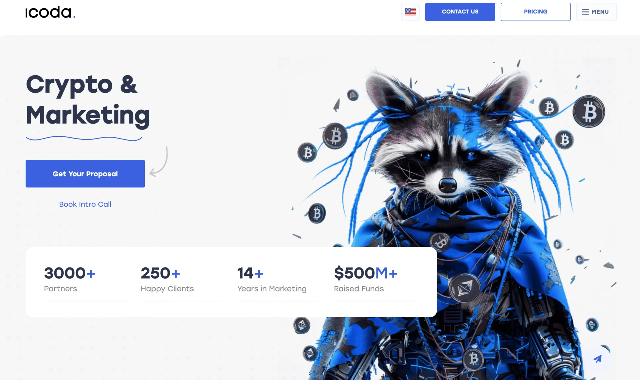 Home page view of ICODA which is a crypto marketing agency
