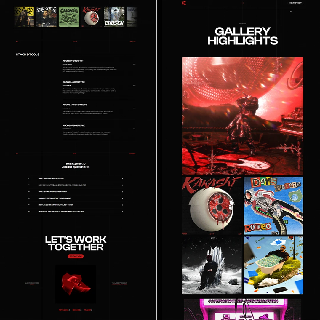 Website mockup featuring gallery highlights, band member photos, FAQs, and contact info.