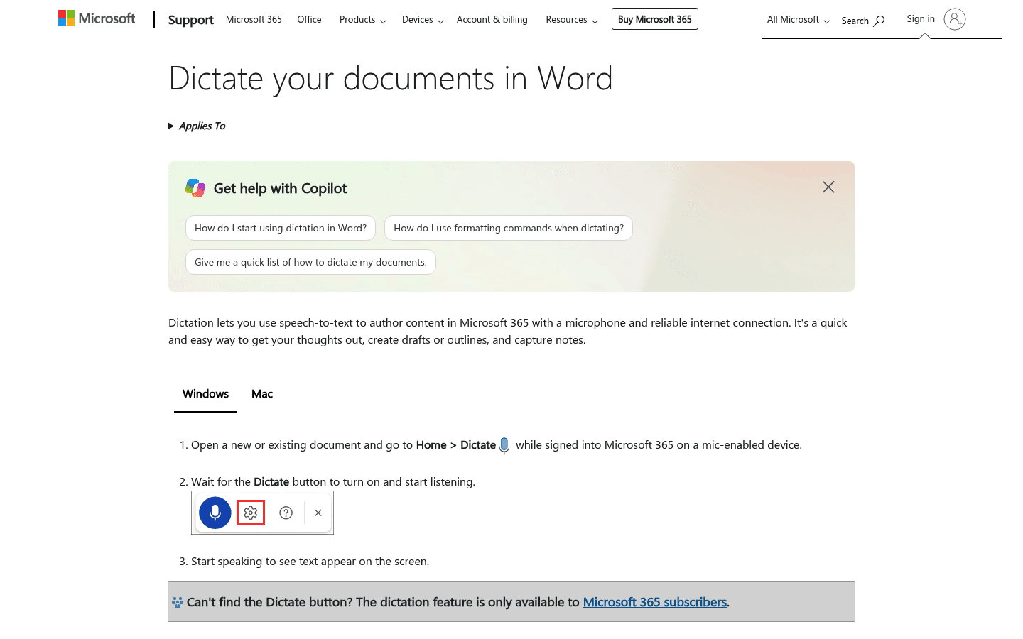 Microsoft Dictate support page for Word