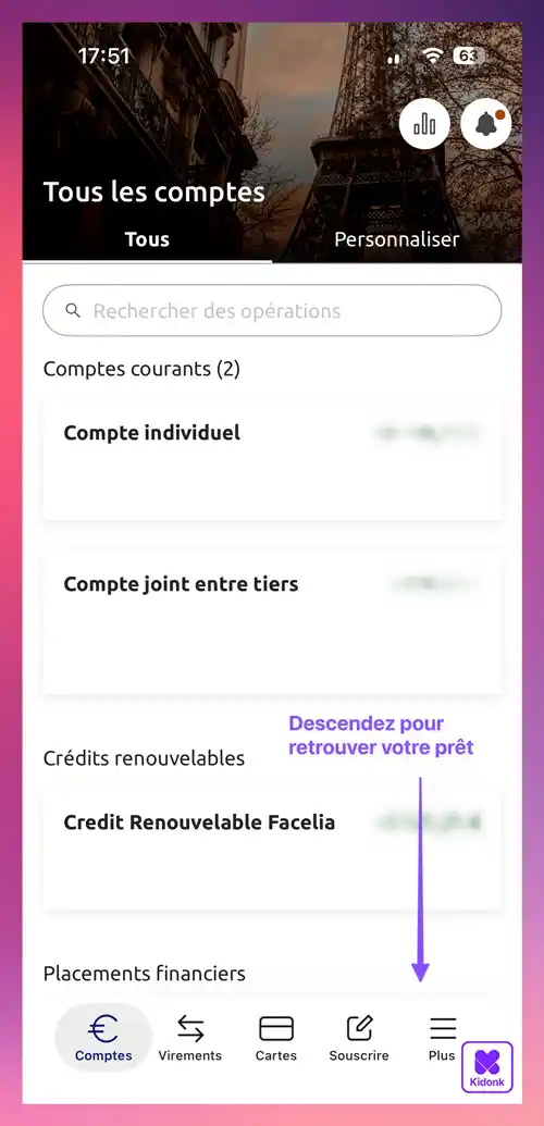 Application mobile Banque Populaire affichant la page d'accueil de l'espace client