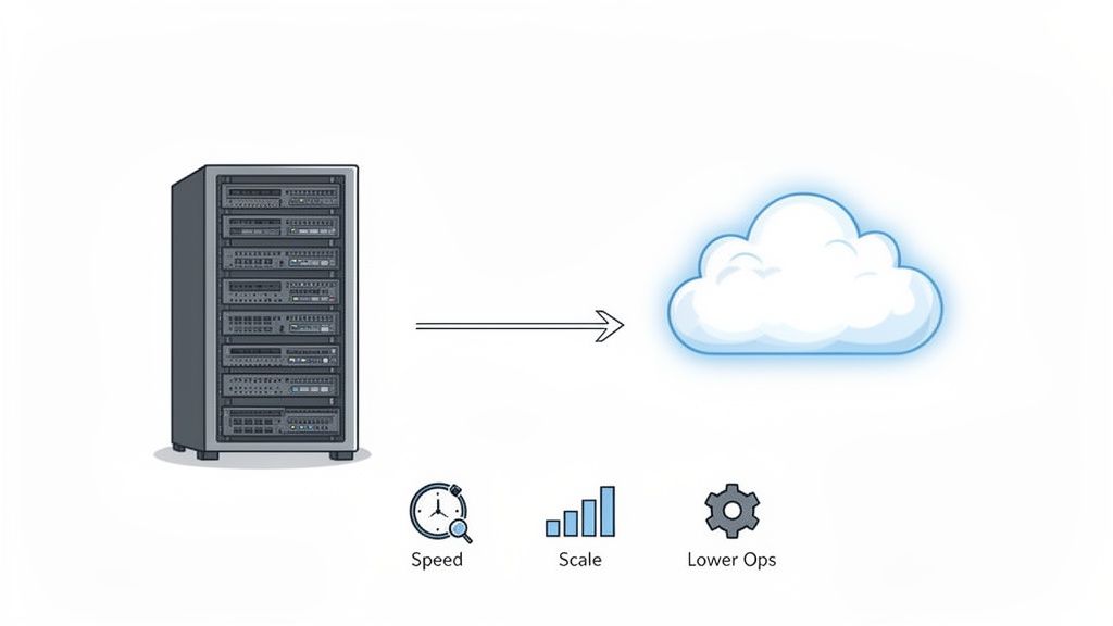 Illustration showing a server rack migrating to a cloud, highlighting benefits like speed, scale, and lower ops.