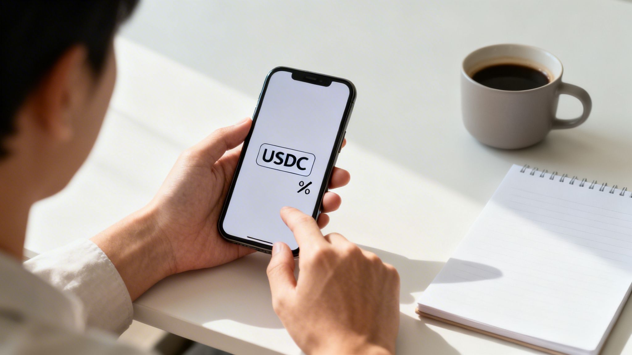 Person holding smartphone displaying USDC and percentage symbol, with coffee and notebook on table.