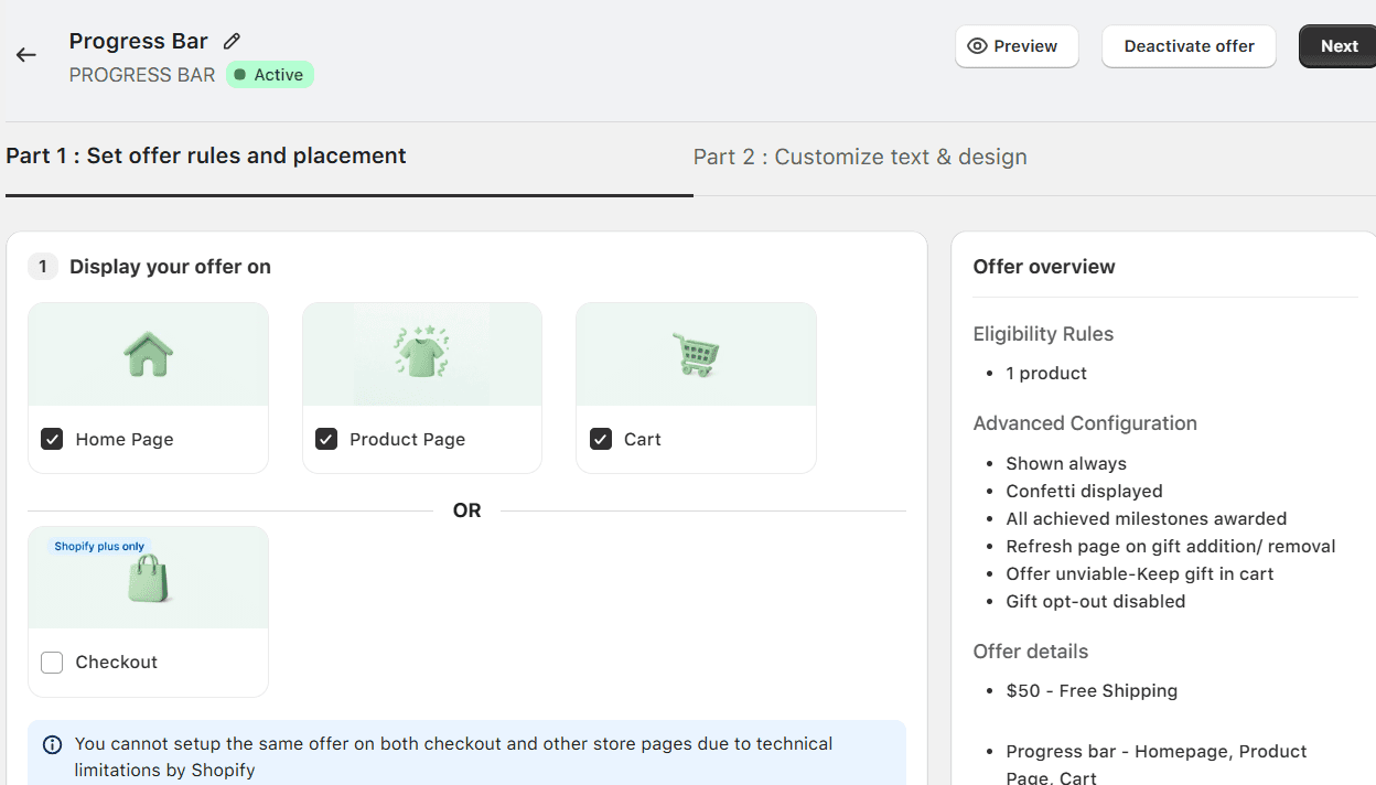 offer rules and placement of the tiered progress bar using Monk