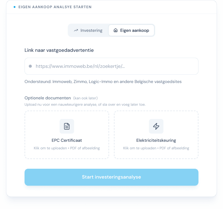 Interface van Bricksy waarin je een vastgoedadvertentie invoert en een eerste aankoopanalyse start.