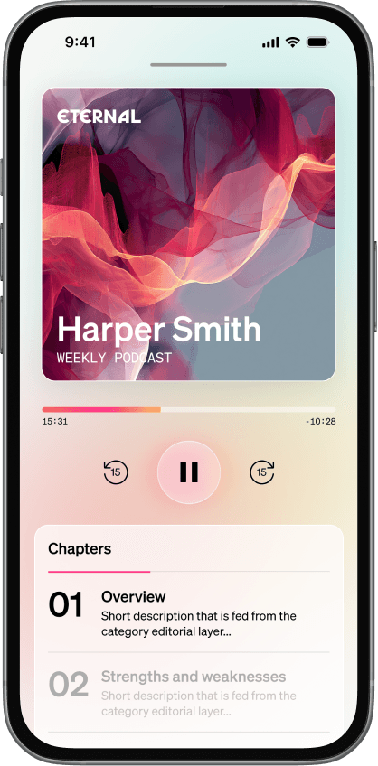 Eternal app personalized podcast player showing weekly health episode with playback controls and chapter list