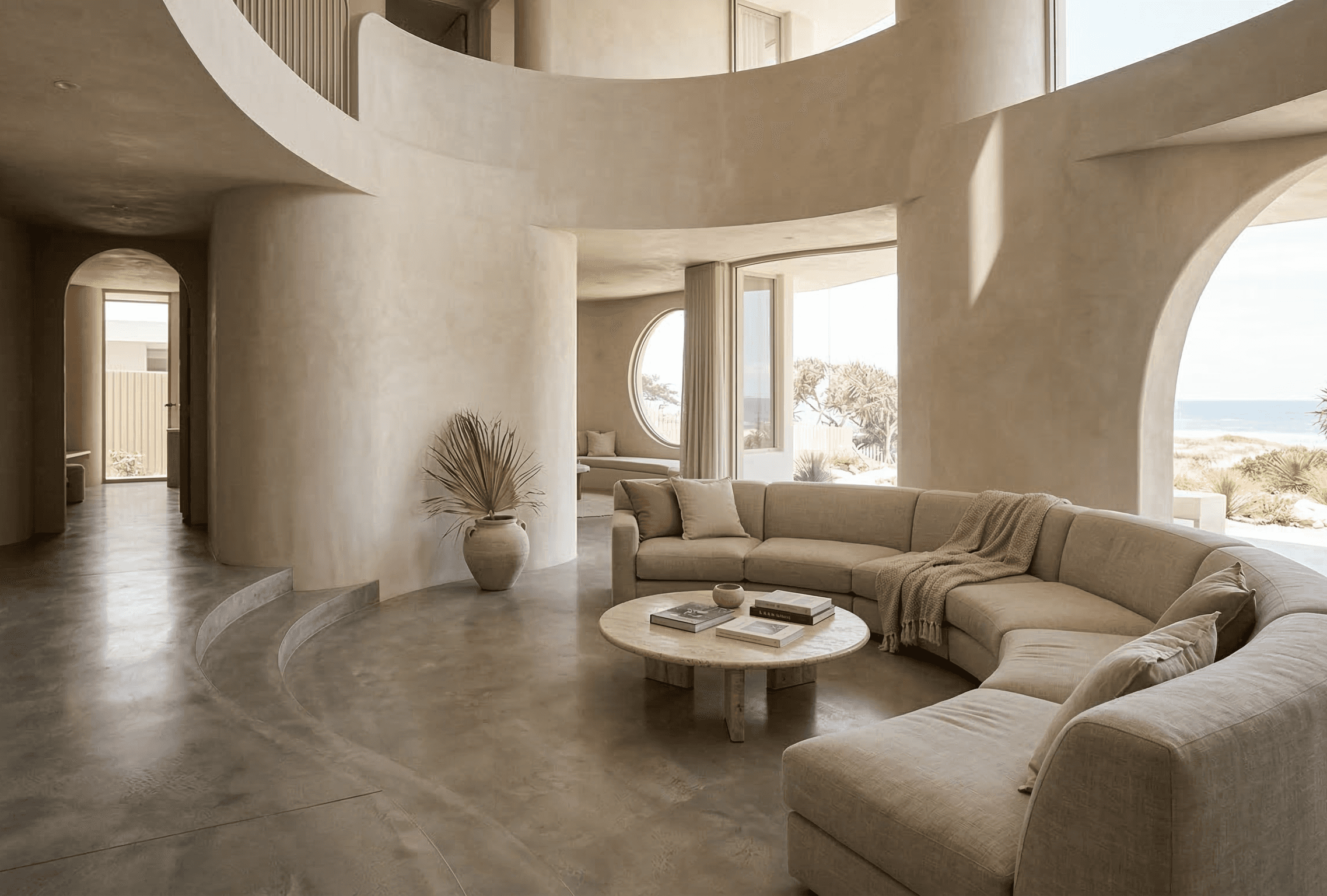 Minimalist entryway with curved walls, pampas grass, and a neutral bench under soft natural light.