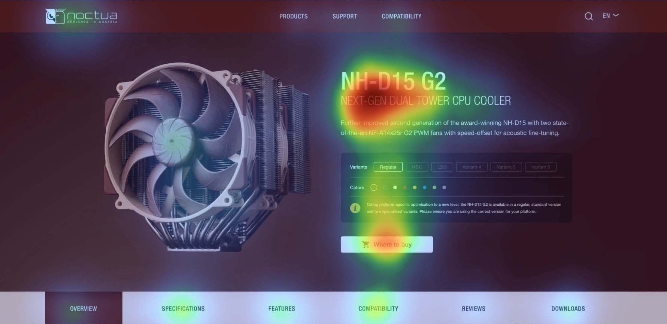 Attention Insights Heatmap-Analyse der noctua.at Produktseite zur Auswertung von Nutzeraufmerksamkeit und Interaktionen