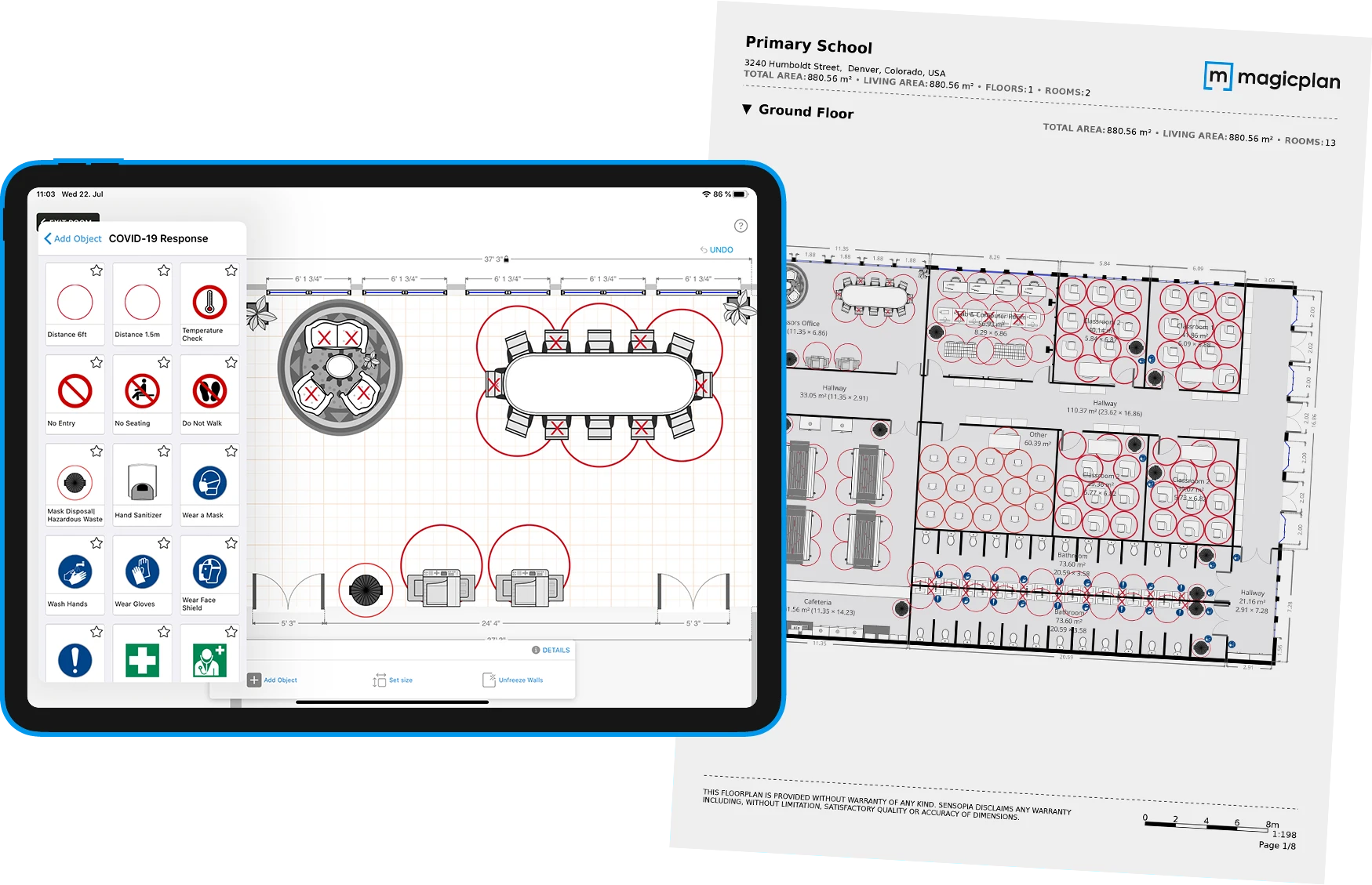 magic plan safety symbols showing distance rules, no entry, no seating, and do not walk signs
