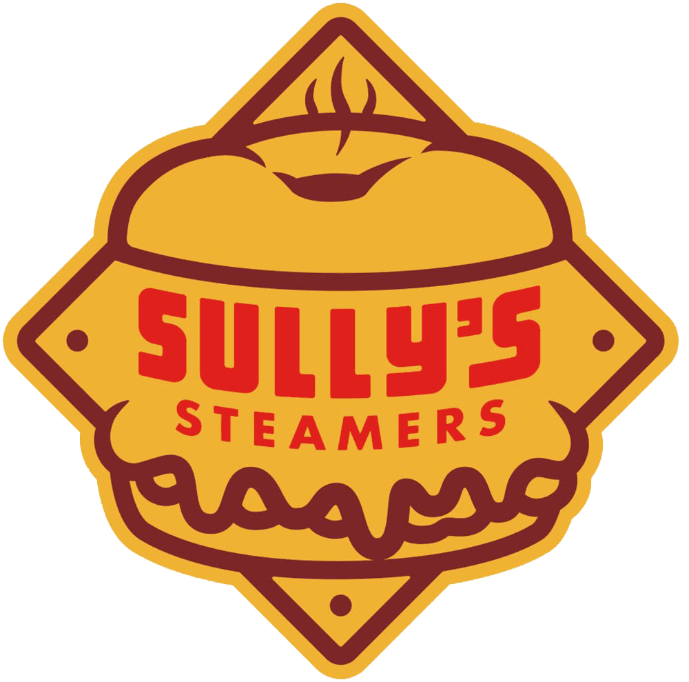 Logo for "Sully's Steamers," featuring a stylized sandwich graphic with bold colors and text.
