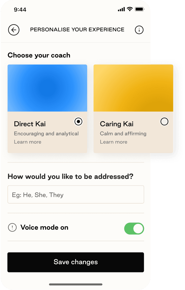 KAI conversation showing the Direct and Caring tone options.