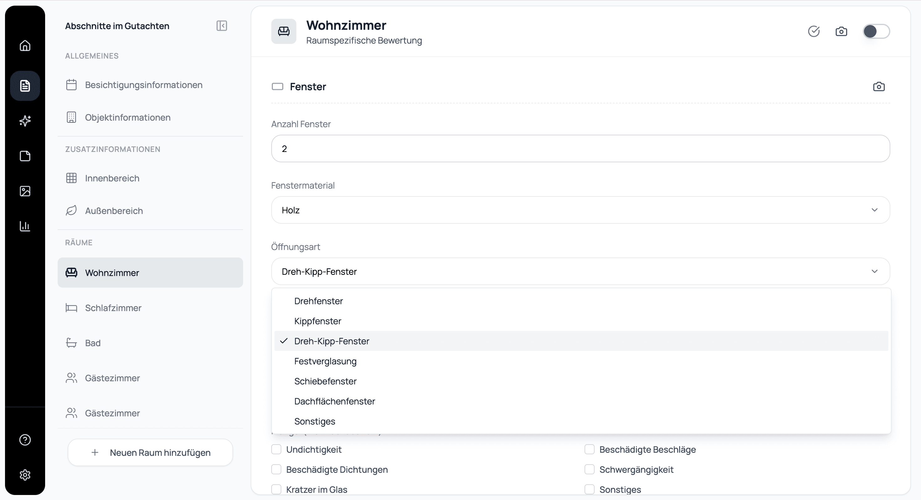 Screenshot von einer Software für Immobiliensachverständige zur Datenspeicherung während der Objektbesichtigung