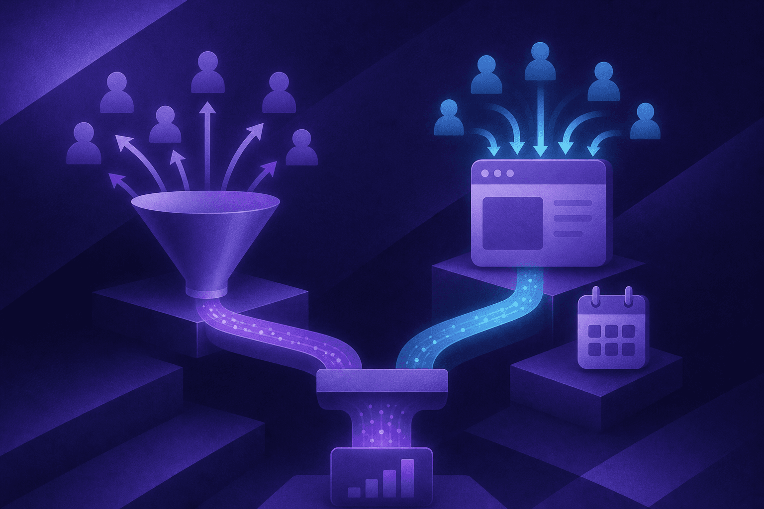 A clean, modern split-diagram illustration showing two distinct sales pipeline flows side by side. On the left side, a funnel with cold outreach arrows pointing outward toward anonymous contact silhouettes, representing outbound prospecting. On the right side, a website icon with warm glowing arrows flowing inward from visitor silhouettes toward a calendar booking symbol, representing inbound conversion. Both funnels connect at the bottom to a shared pipeline representing revenue. Professional blue and teal color palette on a dark navy background, geometric and minimalist style, no text or labels anywhere.
