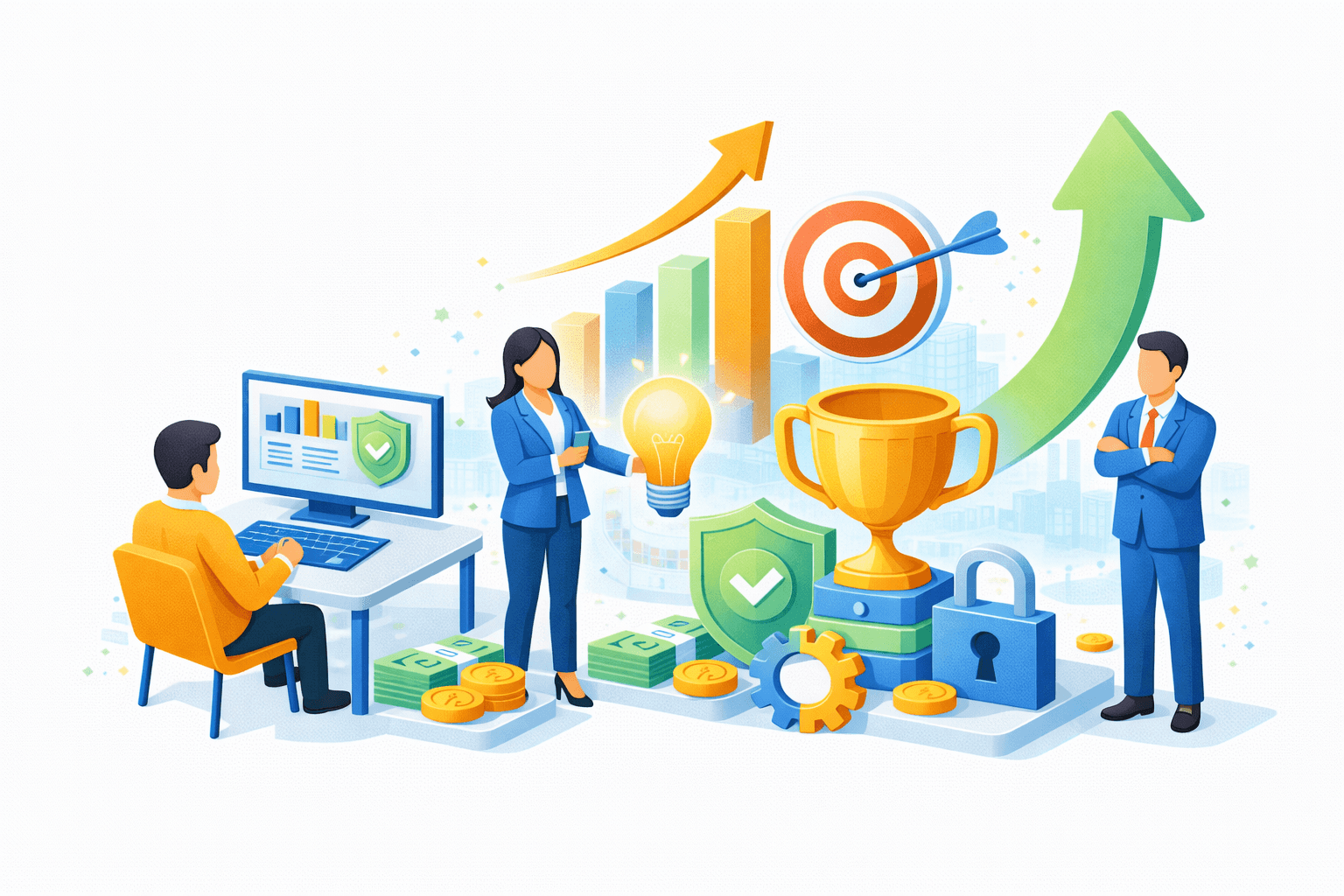 Ilustrasi performance‑driven business growth dengan keamanan dan kepatuhan. Tiga profesional berdiri di sekitar ekosistem analitik: di kiri, seorang analis duduk di depan monitor dashboard dengan grafik dan ikon perisai (kepatuhan/keamanan). Di tengah, seorang profesional memegang lampu ide di depan grafik batang meningkat, target dengan panah tepat sasaran, dan panah tren naik, melambangkan strategi dan inovasi berbasis data. Di kanan, seorang eksekutif berdiri dengan tangan terlipat, mengawasi hasil. Di bagian bawah terdapat piala (pencapaian), perisai hijau bertanda centang dan gembok (keamanan & compliance), roda gigi (operasional), serta uang/koin (nilai bisnis). Visual menggambarkan kolaborasi tim, analitik kinerja, pengambilan keputusan, dan pertumbuhan yang aman serta terukur.