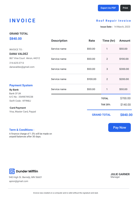 Roof Repair Invoice