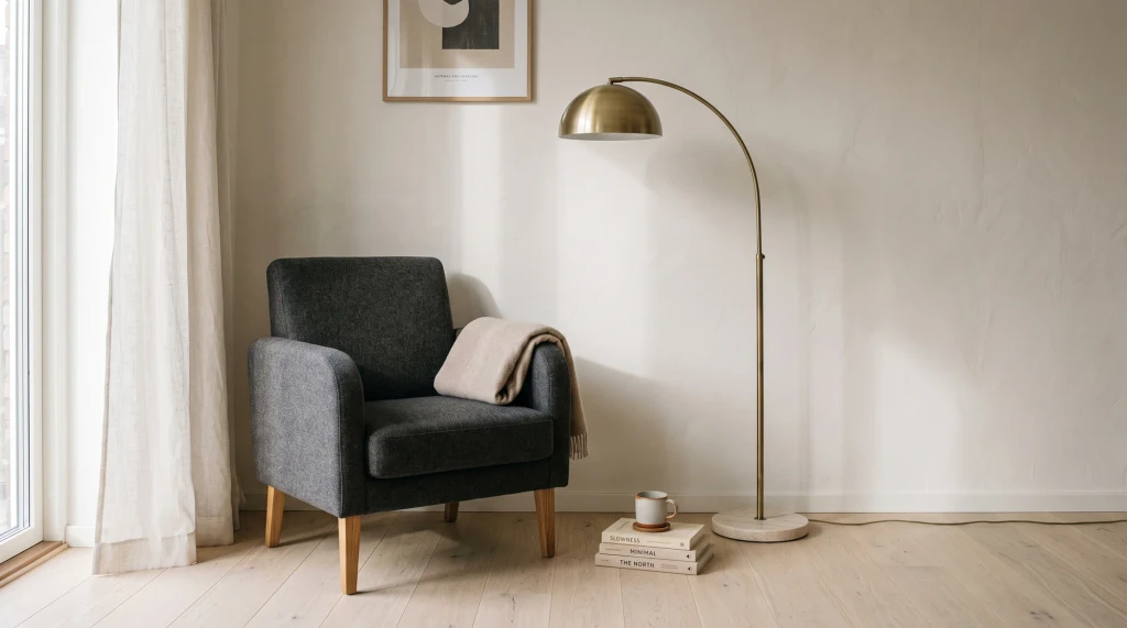 A calm living room with a curved linen sofa and an oak side table