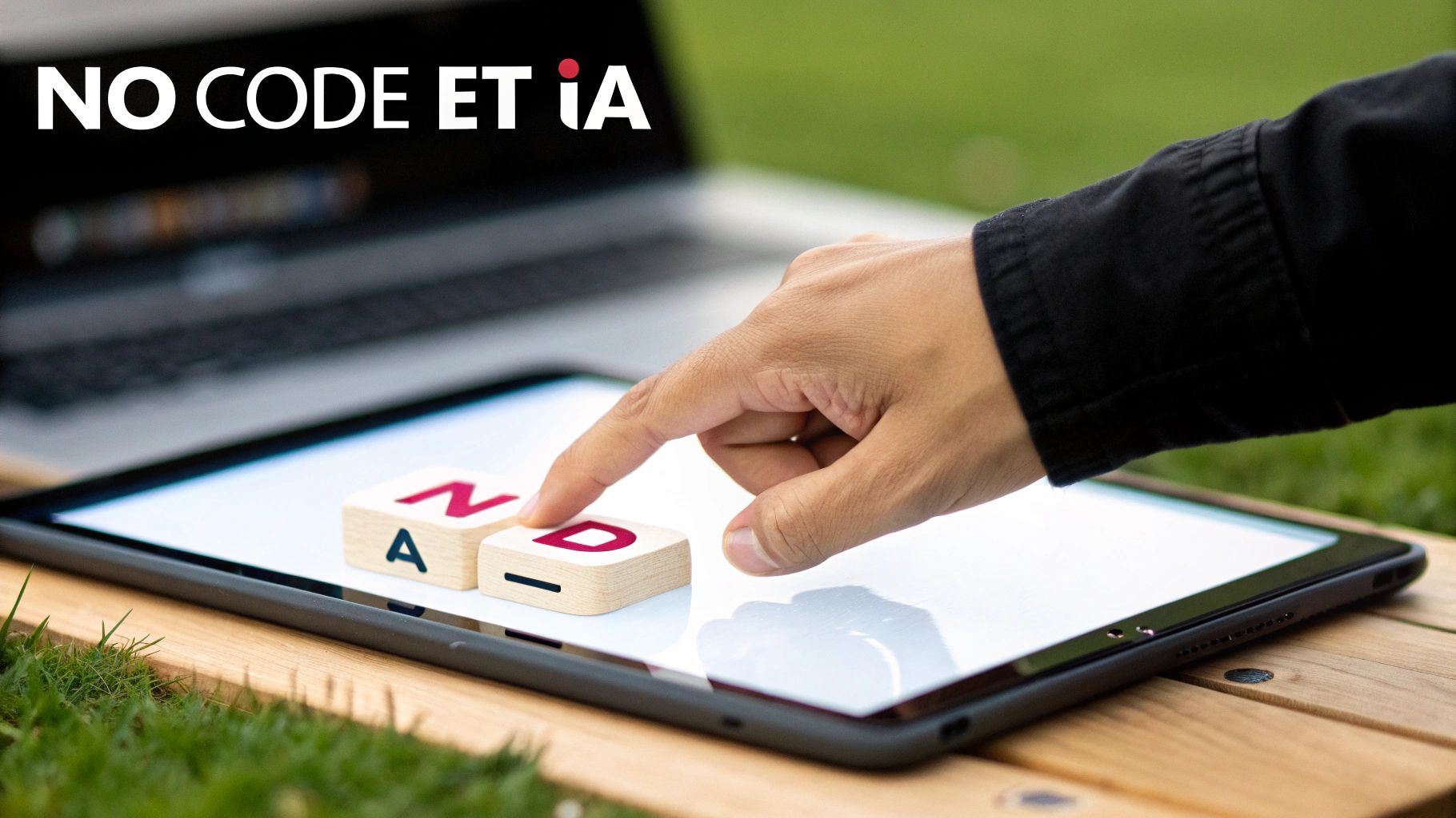 Main d'une personne posant un bloc de lettres sur une tablette avec le texte «NO CODE ET IA» visible.