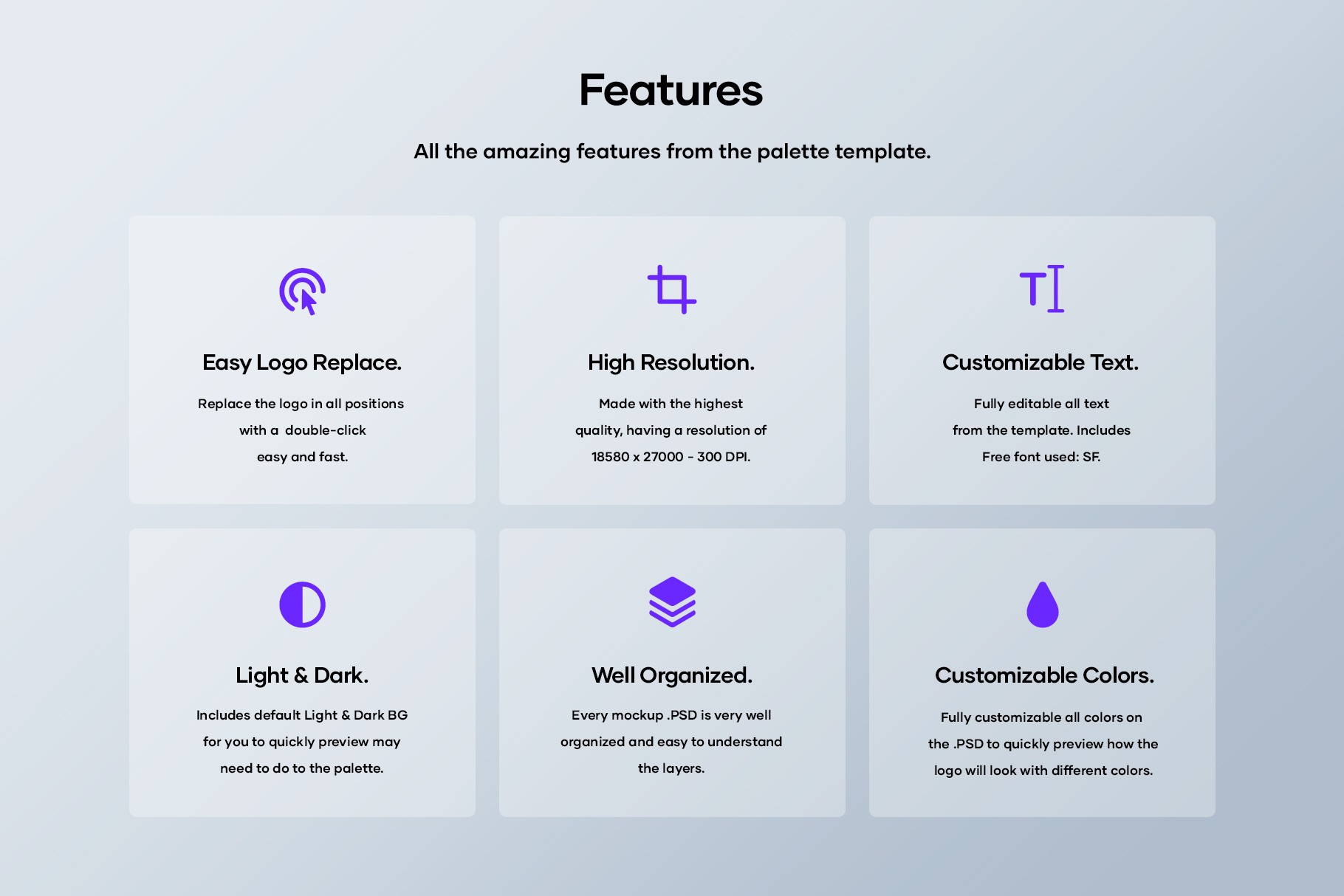 Feature list of the 50 Palette Color Logo Mockup, highlighting easy logo replacement, high resolution, and customizable colors.