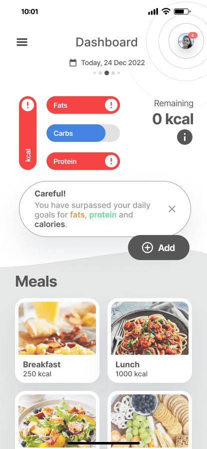 Calorie app - dashboard warning