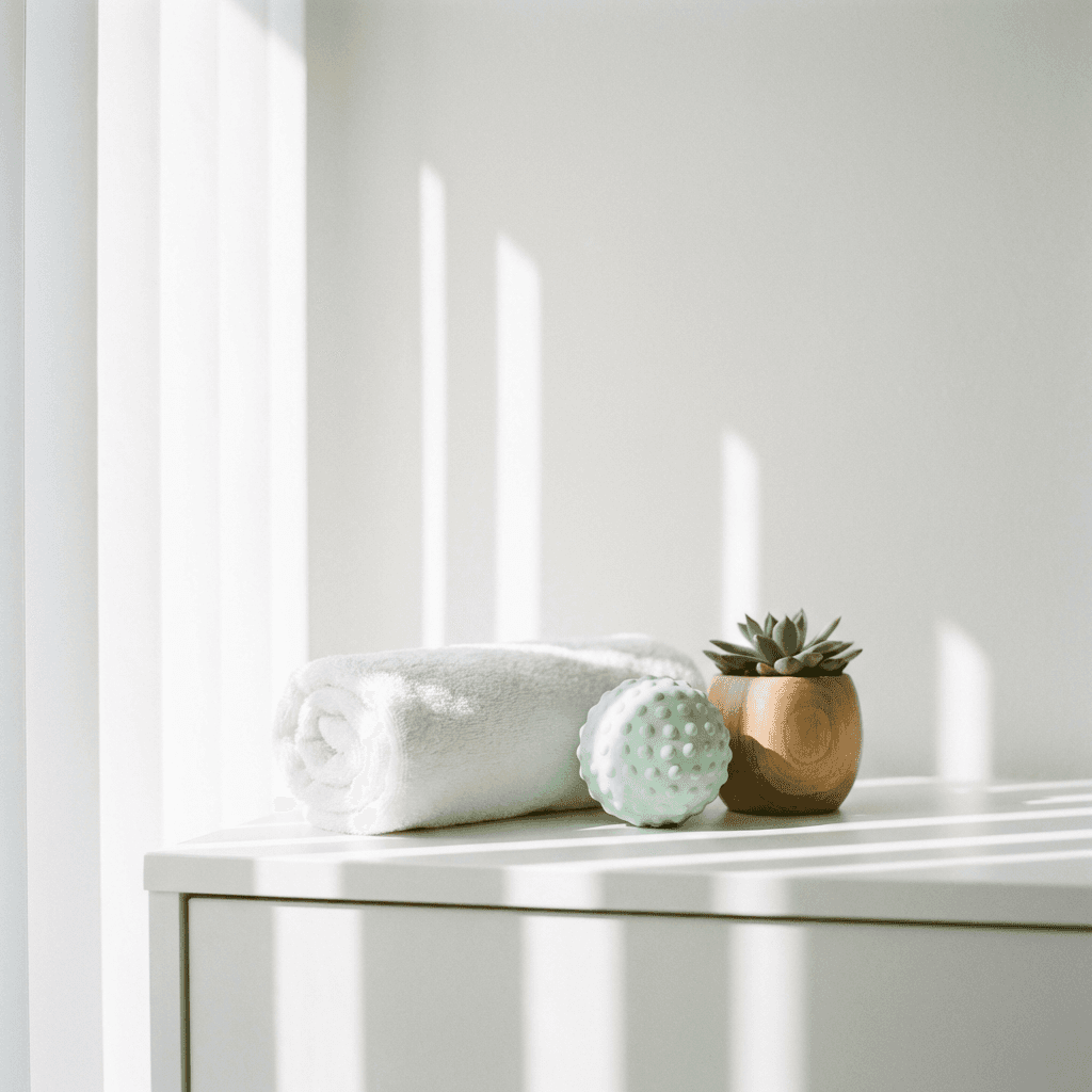 Praxisdetail mit Handtuch, Faszienball und Pflanze für Wohlbefinden und Entspannung