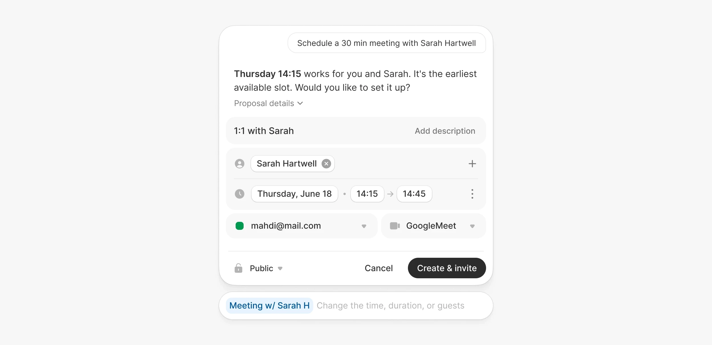 The proposal expanded into an editable meeting with attendee, date and time, calendar and Google Meet