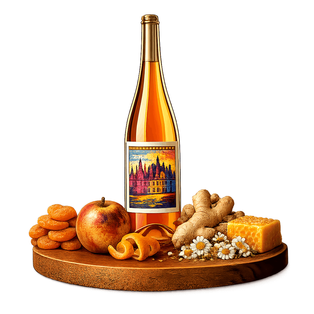 Artistic label and flavor profile for Loire Orange Wine on a rustic wooden table.