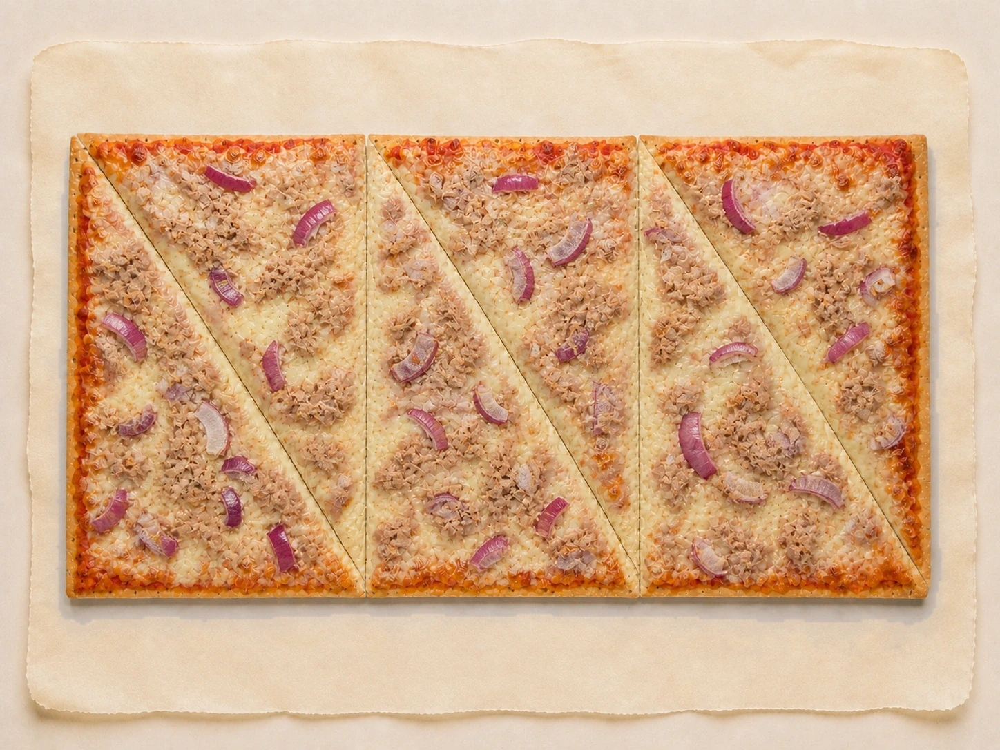 Pizzapunt XL van Mangia Bene met tonijn en rode ui, in drie porties gesneden