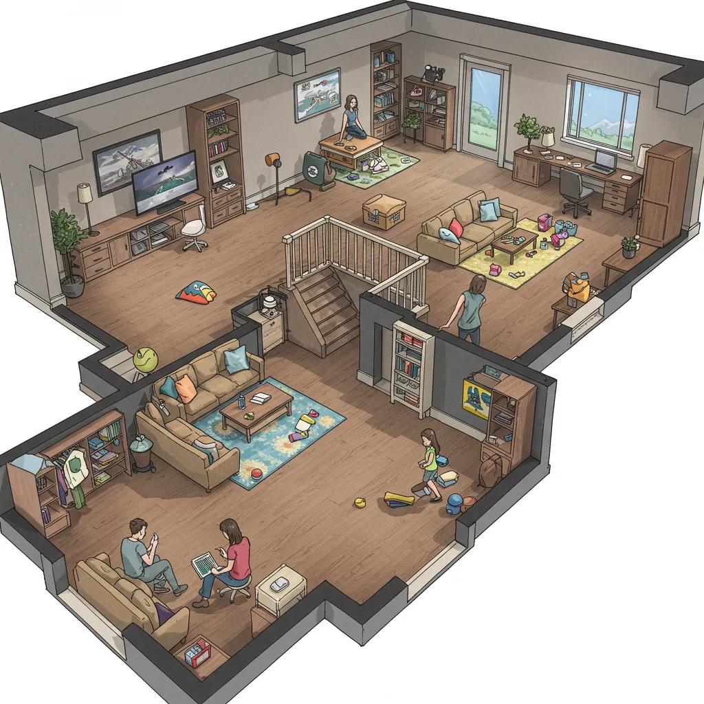 Multi-purpose basement layout featuring media area, play zone, and home office