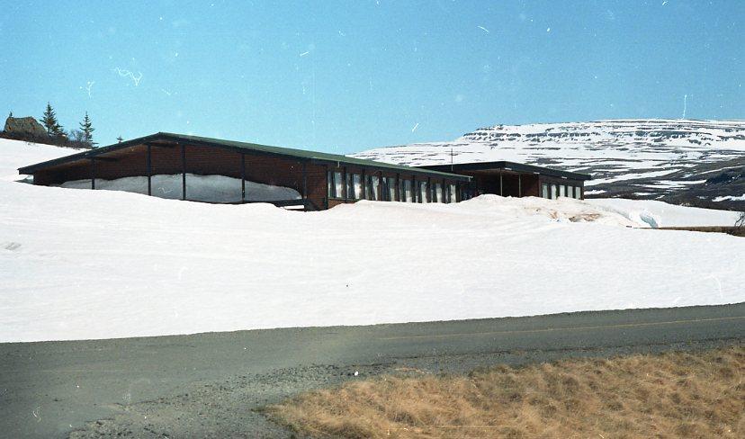 Hótel Flókalundur surrounded by deep snow drifts