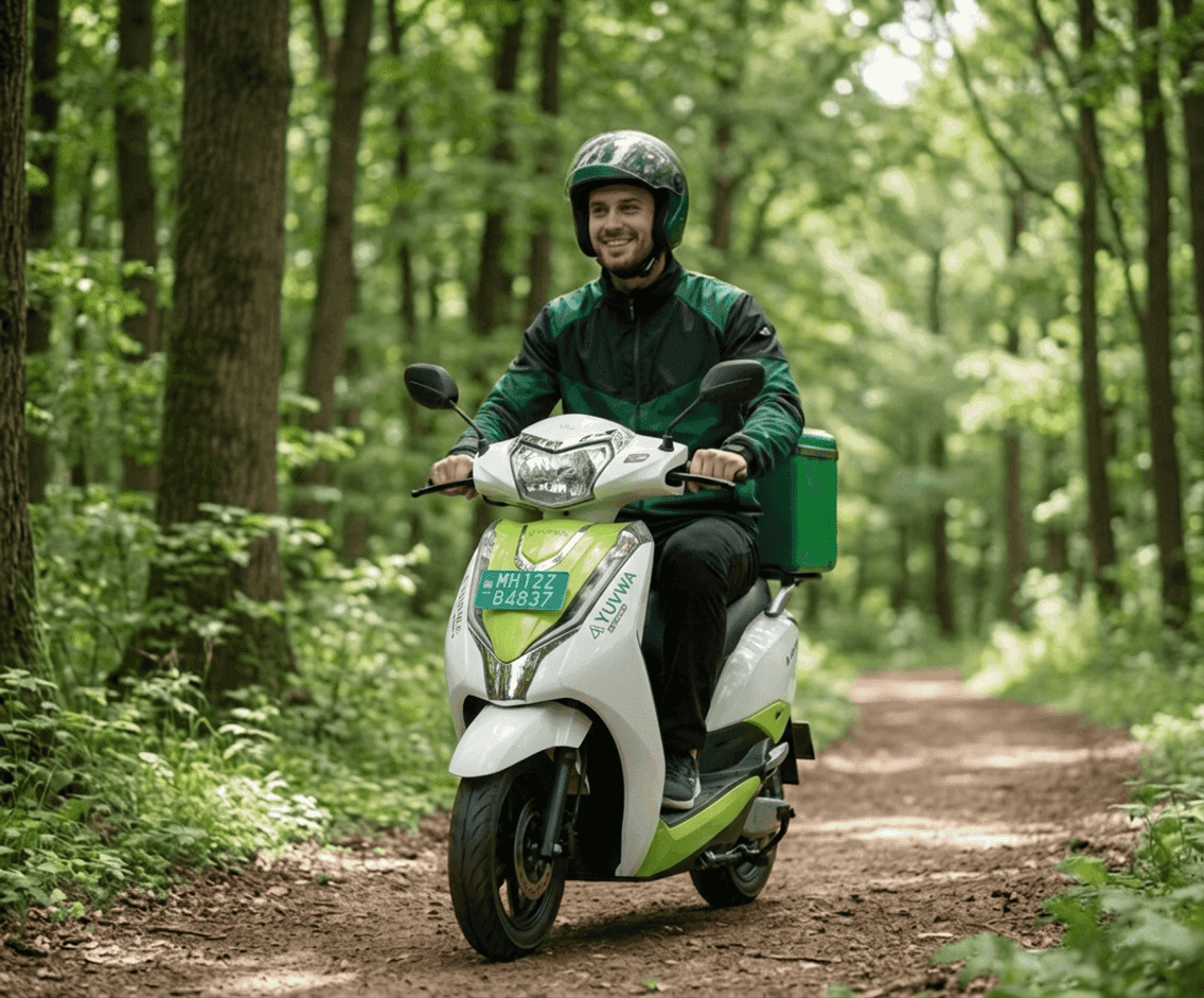 Yuvwaa Electric delivery rider on a green scooter, symbolizing eco-friendly transportation. 