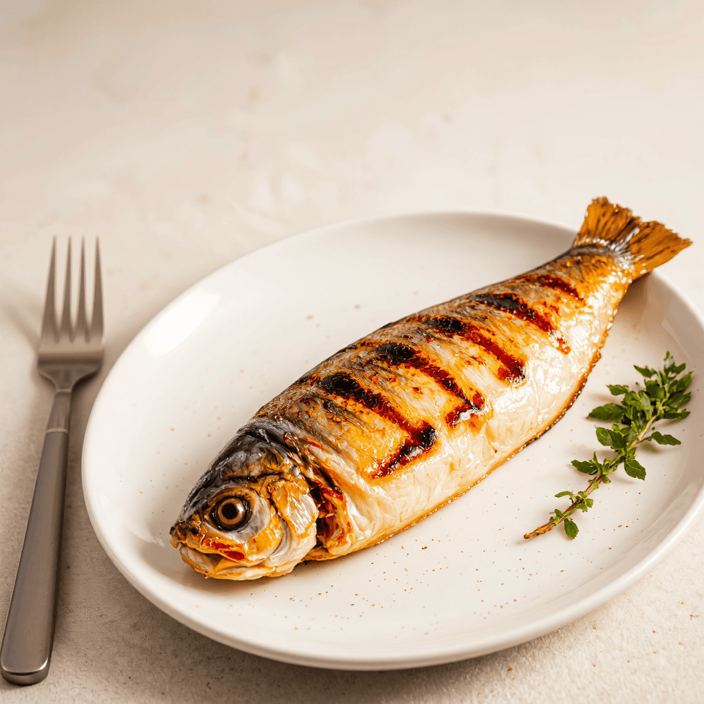 product photography of a plate of grilled fish