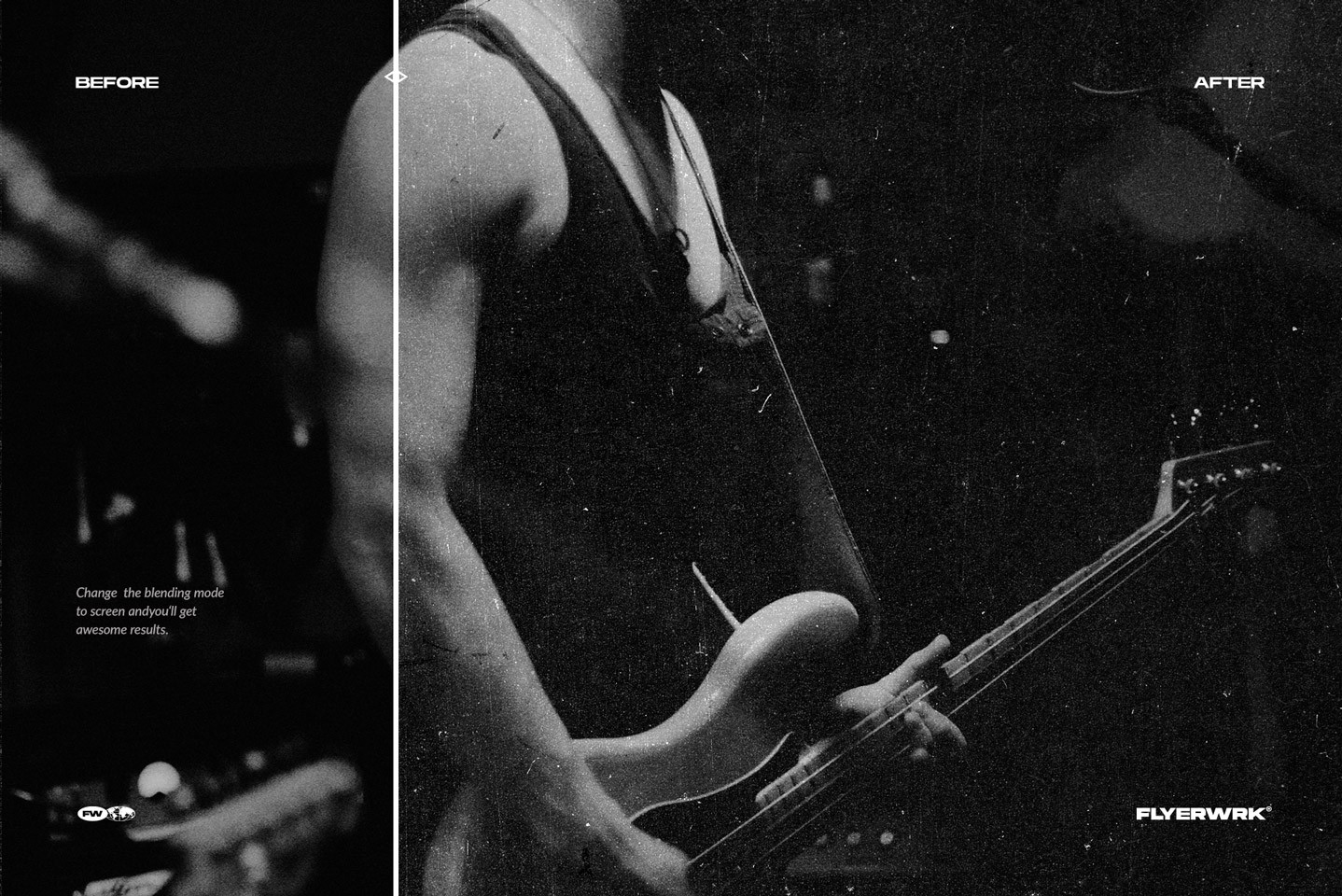 Before and after example showing dirty paper texture overlay effect on typography