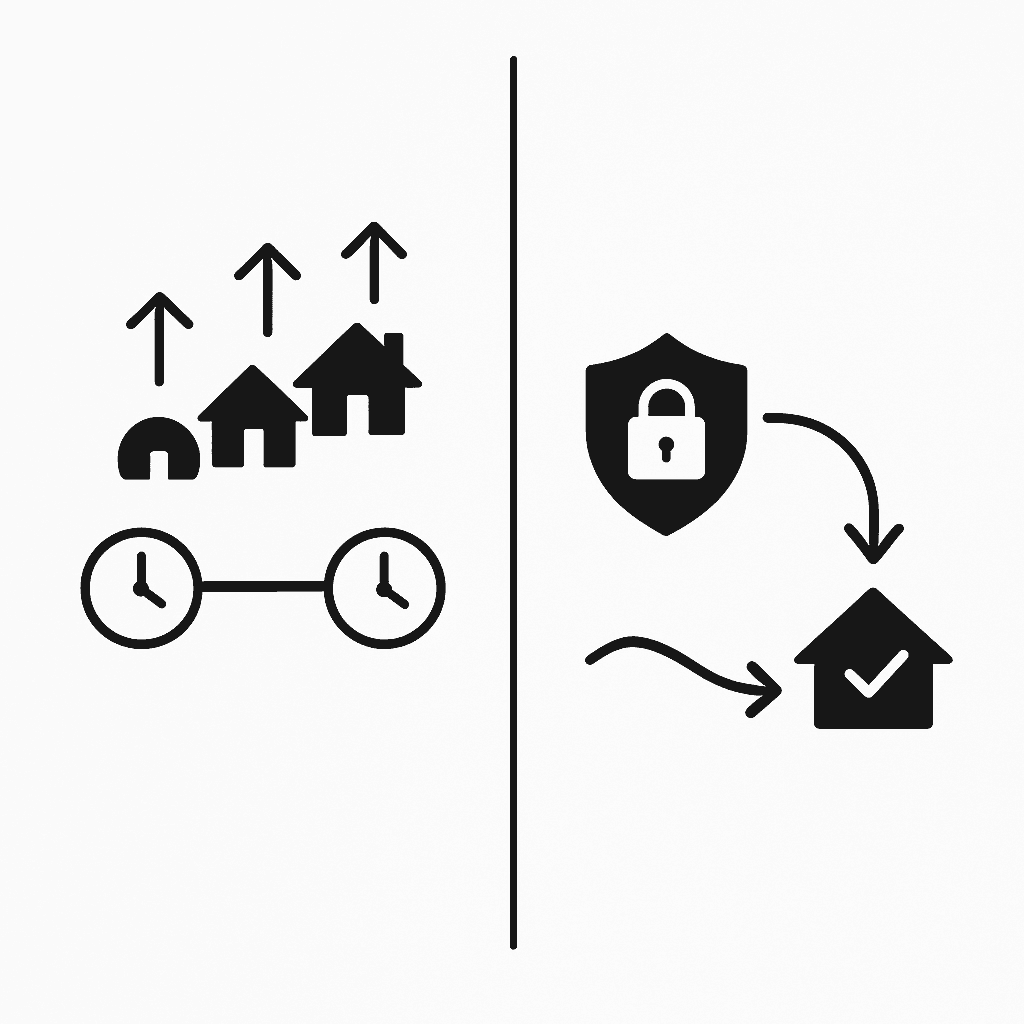 Side-by-side timelines contrasting traditional lock risk with lock-and-shop float-down flexibility