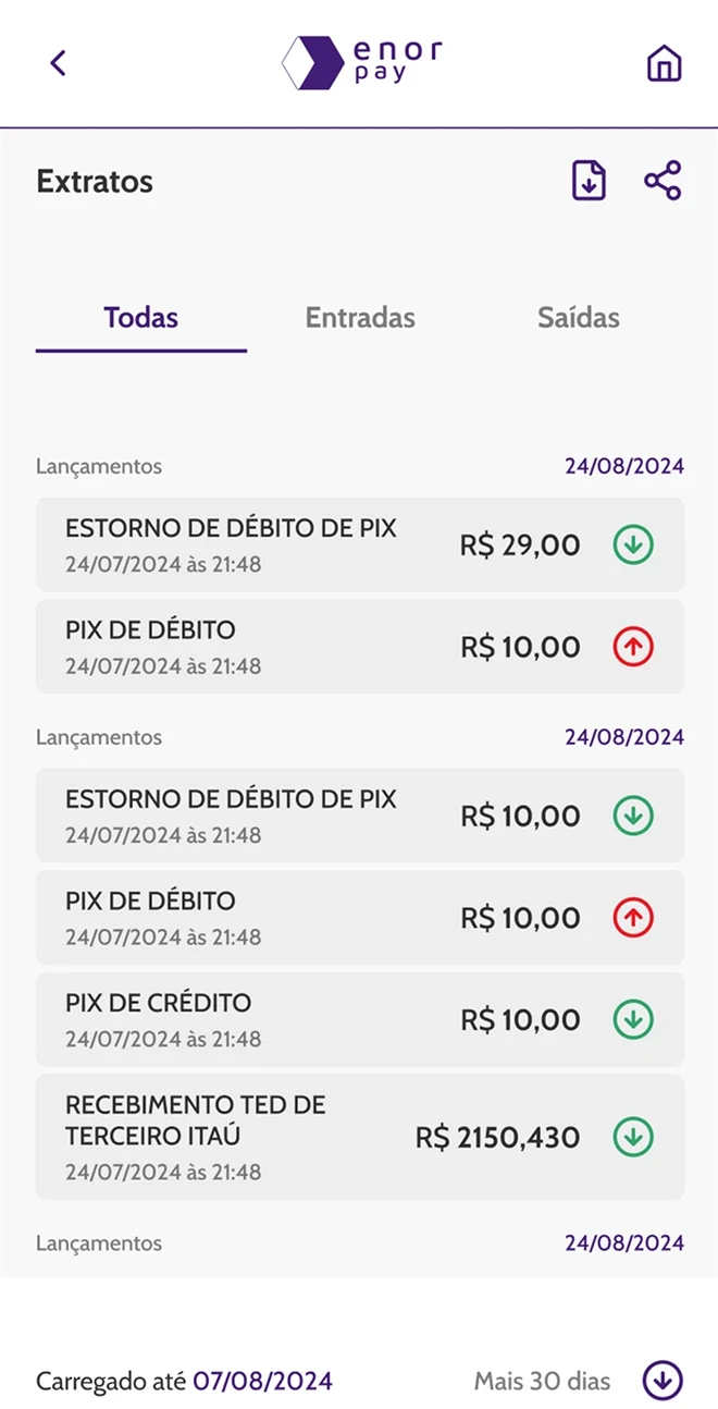Tela de extratos da Enor Pay mostrando lista de transações com valores, datas e filtros de entrada, saída e todas.