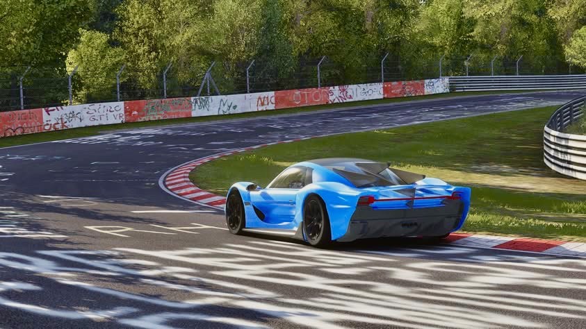 Boutin Belharra 3D Blue supercar driving 3/4 back view Nurburgring Nordshleife boutin automobile