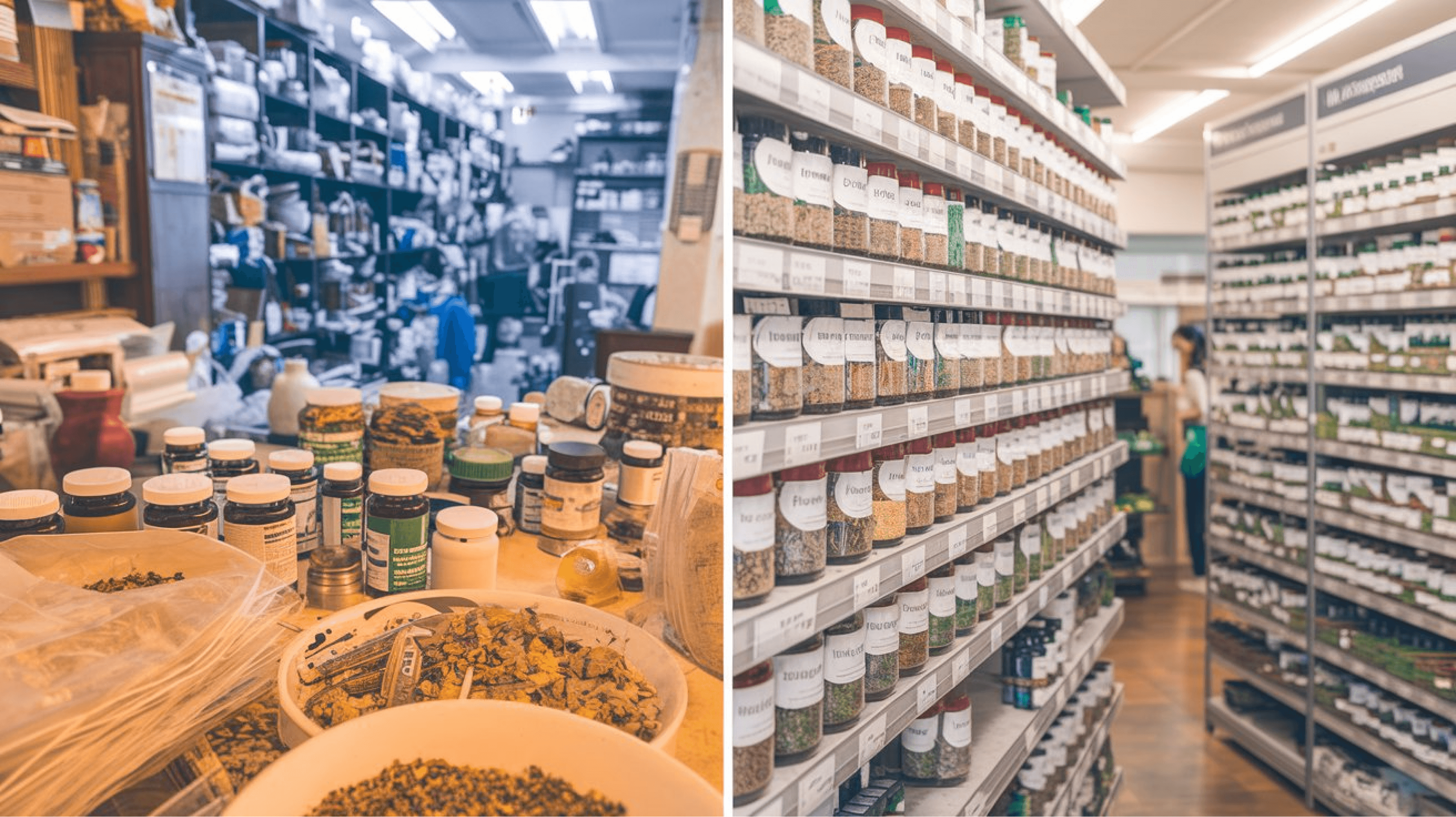 Comparison of traditional and modern Ayurvedic pharmacy setups with shelves stocked with herbal medicine, emphasizing the evolution of Ayurvedic pharmacie