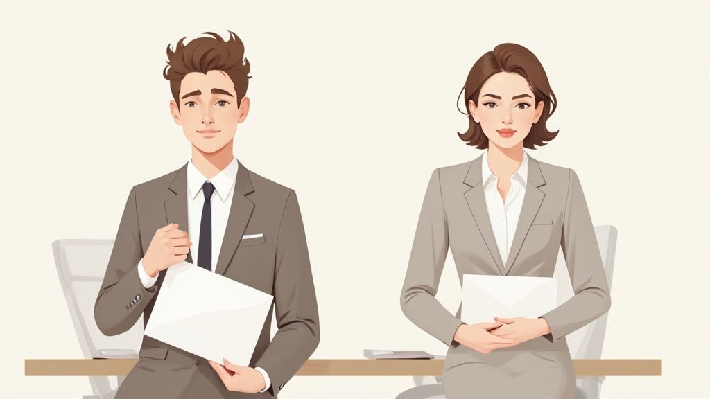 Zwei professionelle Nachrichtensprecher in Anzügen sitzen am Schreibtisch und halten Papiere