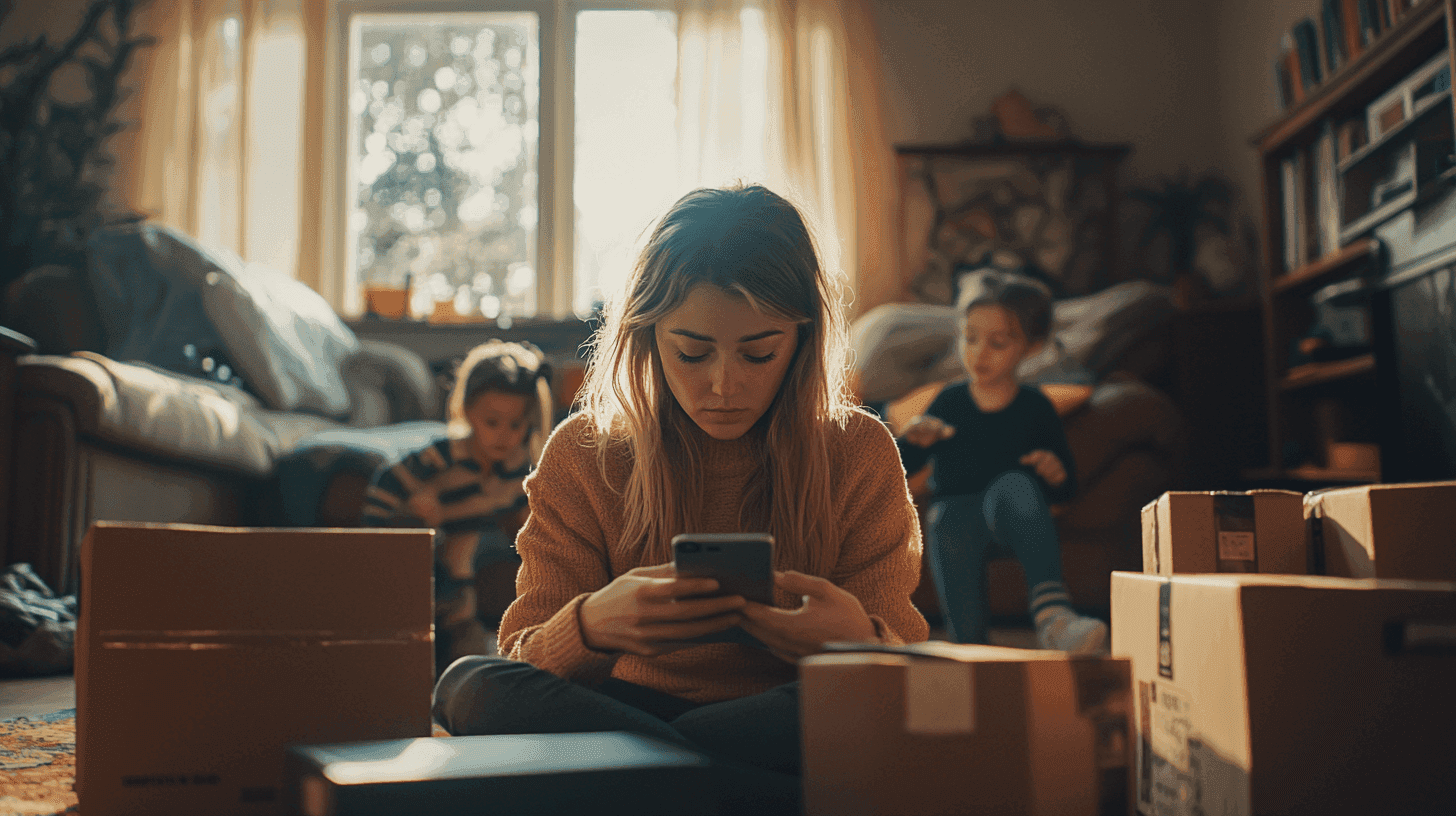 A woman sits on the floor surrounded by boxes un a messy home. She is scheduling a return pickup on her phone, with two children in the background.