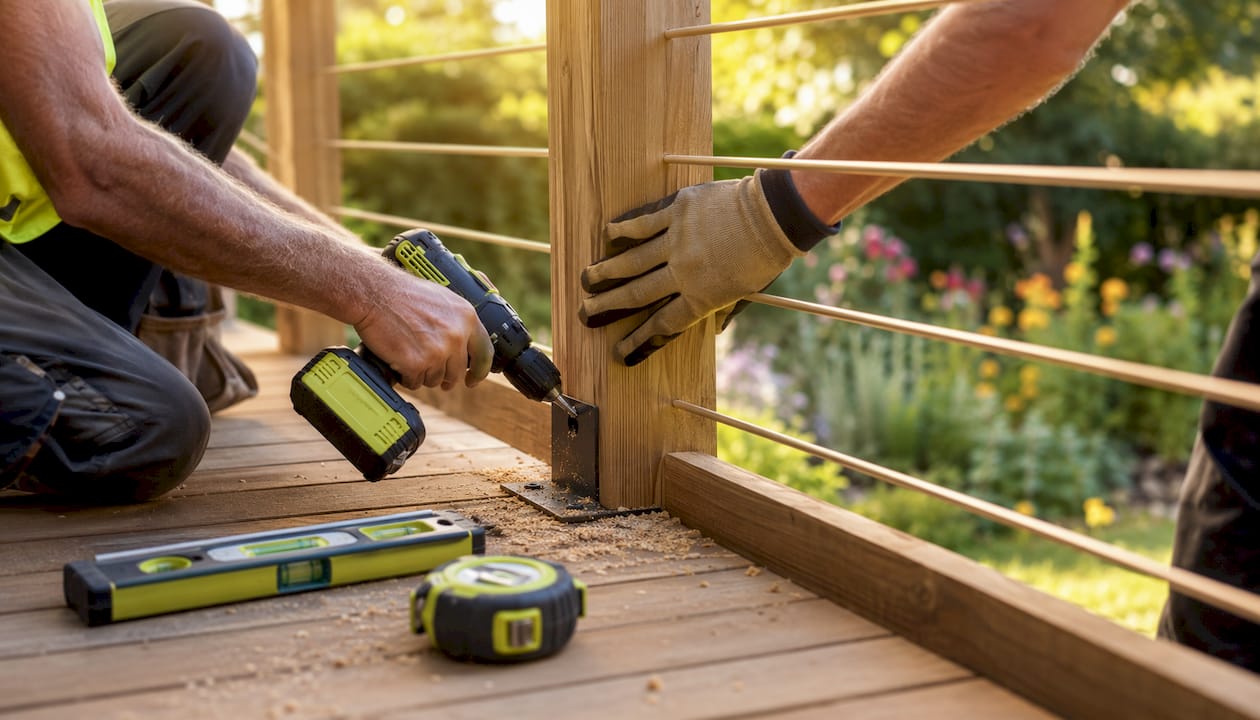 Hands installing guardrail post on deck