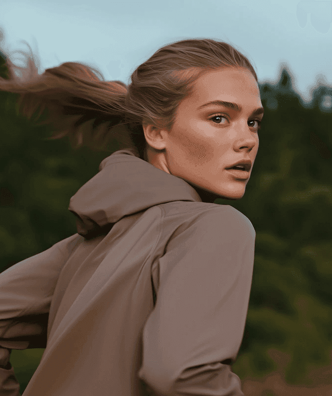 Woman in jacket meditating on rocks above a misty lake.