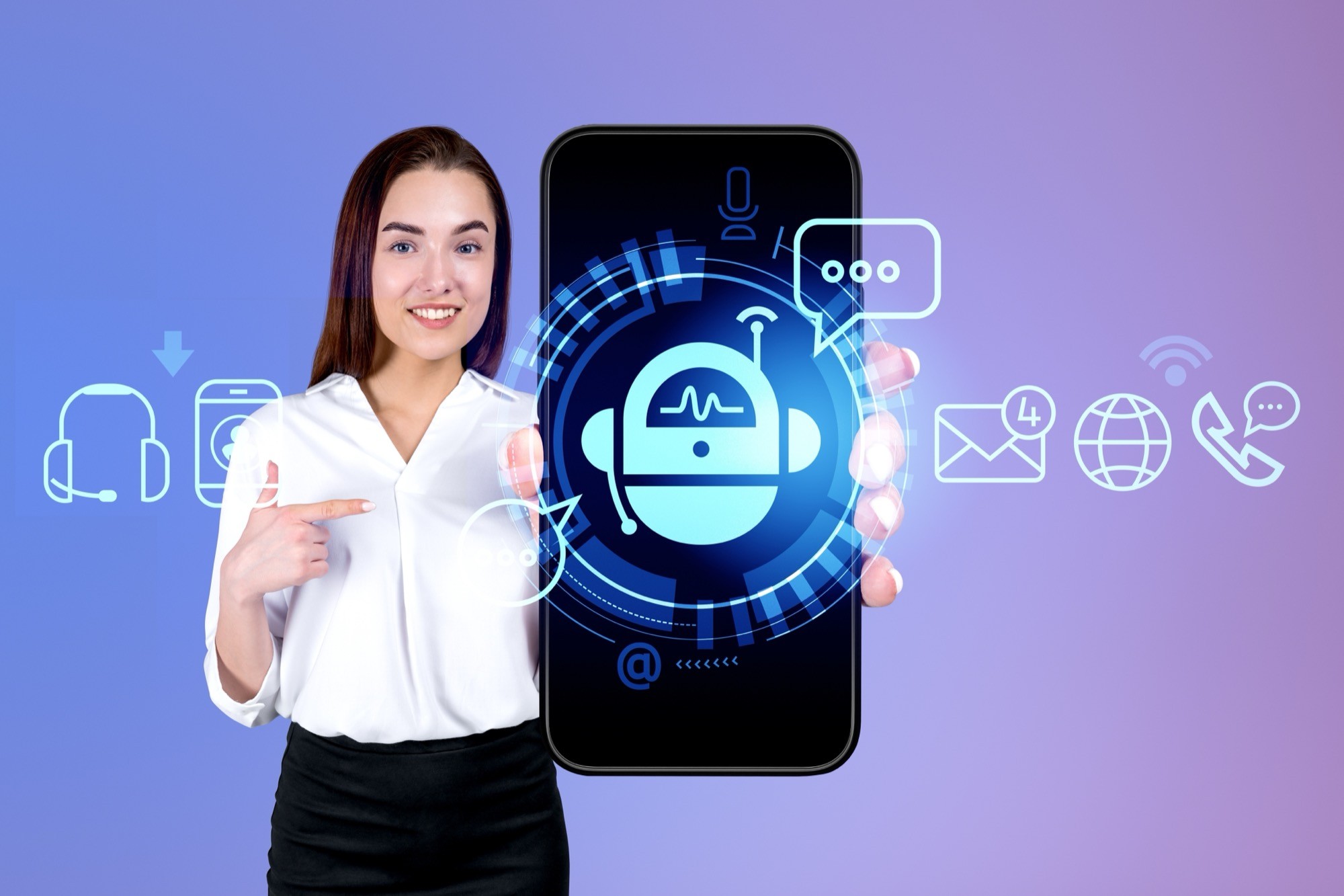 Smiling businesswoman finger pointing at large phone screen, voice chat bot